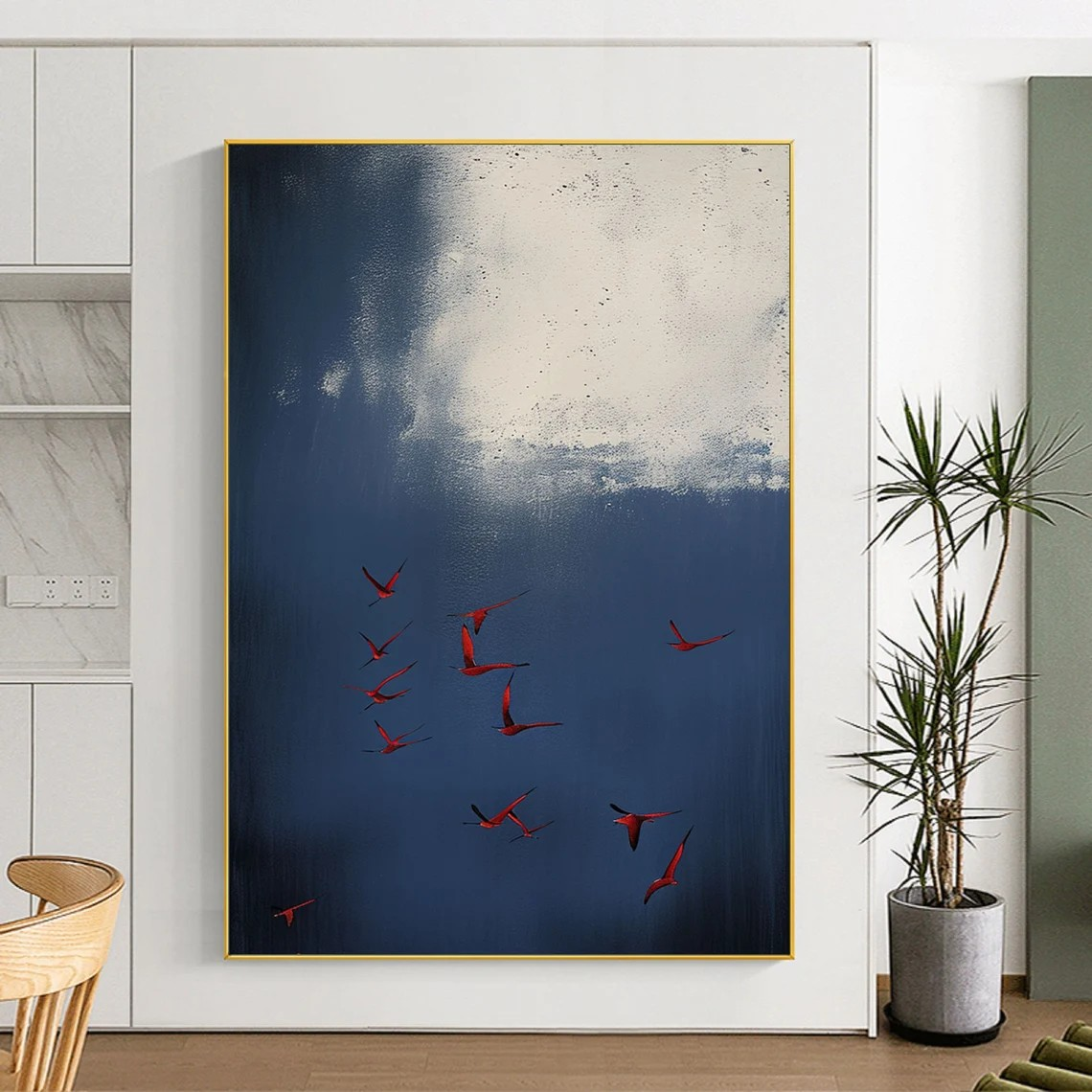 Surreal Blue Sky With Red Birds Canvas, Contemporary Wall Art #BGA 087