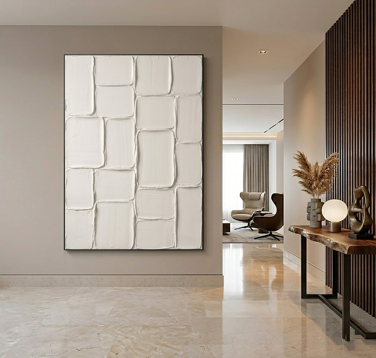 Hand Painted Ivory Plaster Blocks Large Textured Wall Art Modern Architectural Relief Contemporary Artwork