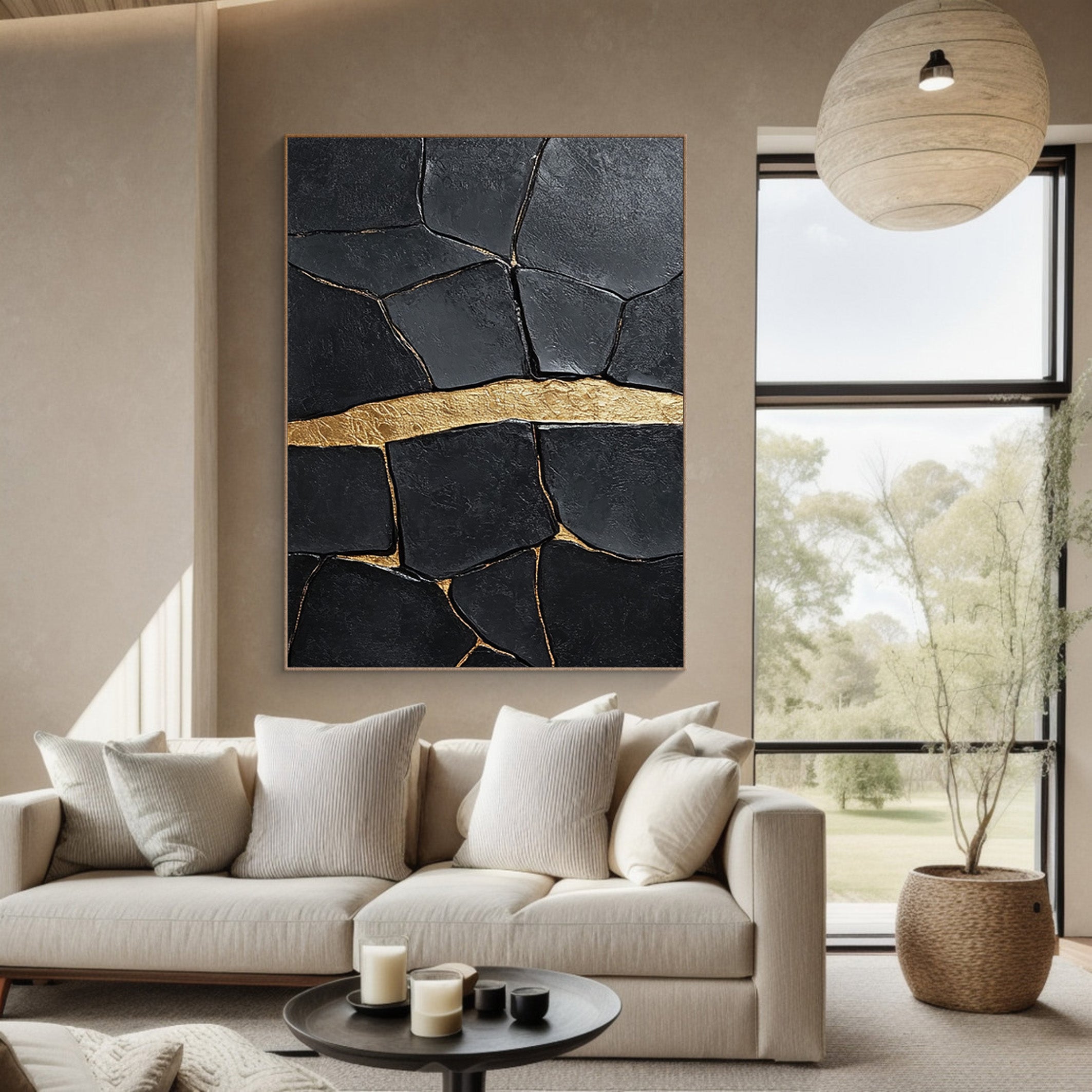 Black Impasto Art with a Bold Golden Fault, Textured Abstract #BGA 184