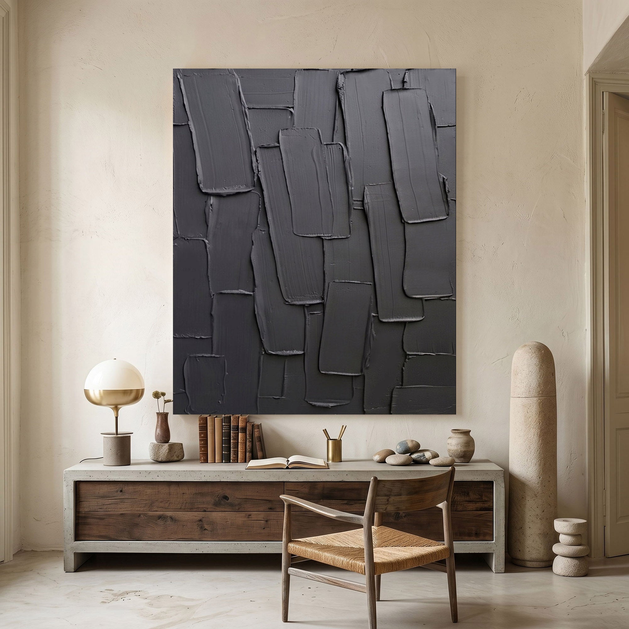 Large Black Textured Wall Art Modern Abstract Oil Painting Impasto Layered Minimalist Contemporary Decor