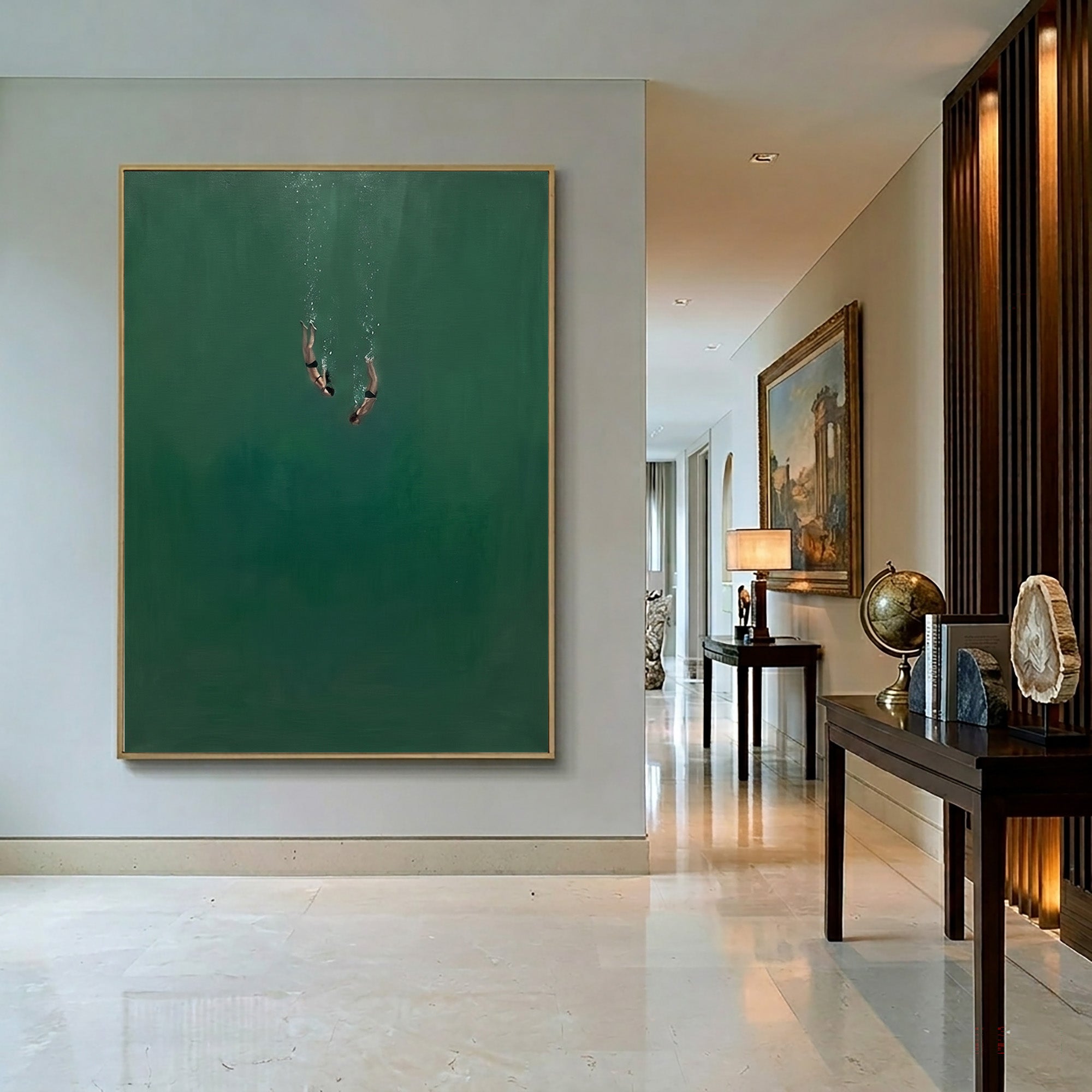 Large Minimalist Underwater Swimmer Wall Art Contemporary Ocean Oil Painting
