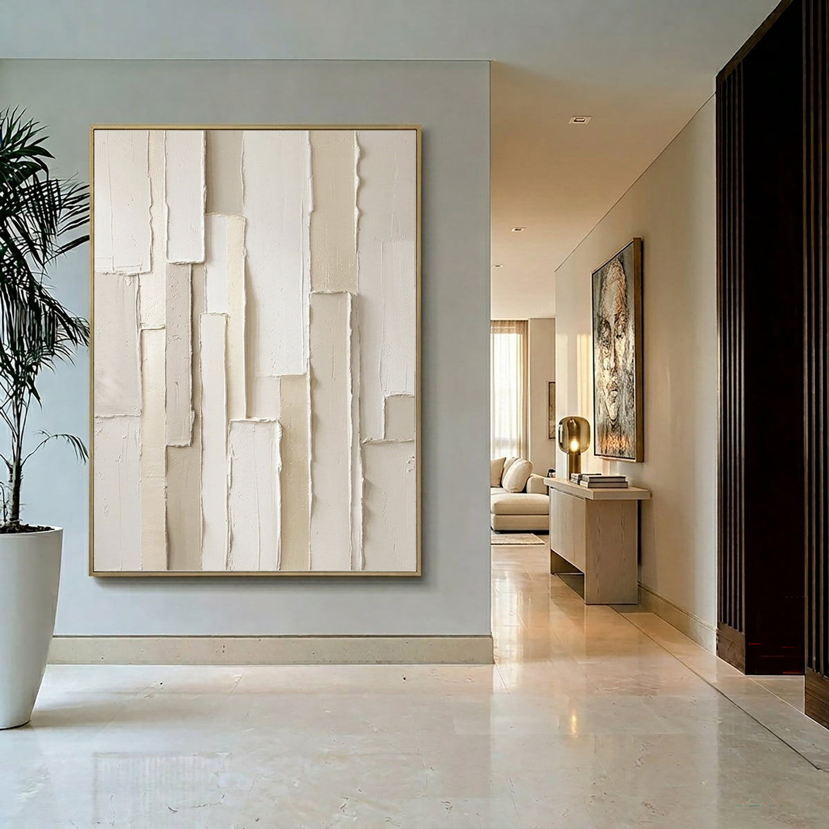 Large Modern Vertical Geometric Textured Wall Art White Beige Abstract Oil Painting 3D Raised Rectangular Relief Contemporary Home Decor