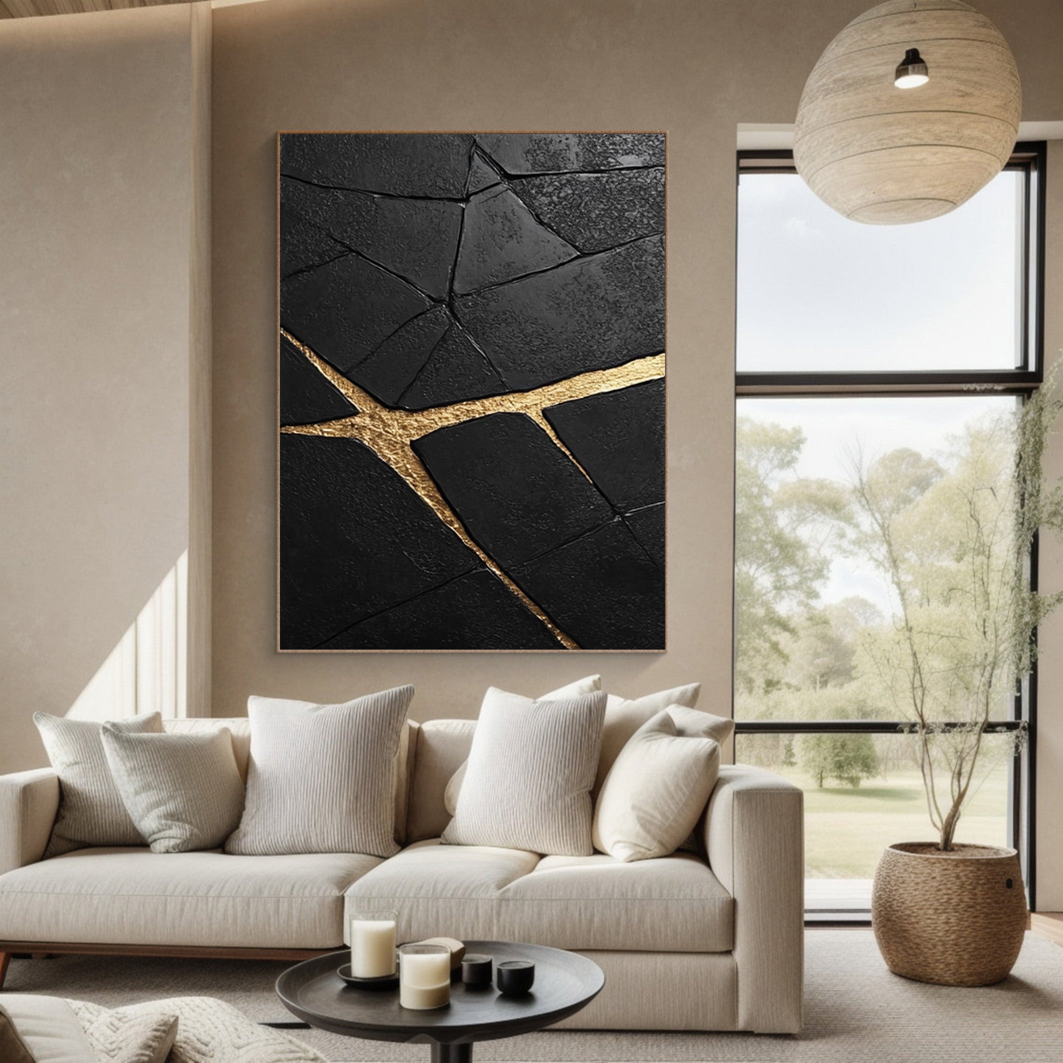 Modern Abstract with Deeply Textured Black and Gold Rivers #BGA 182
