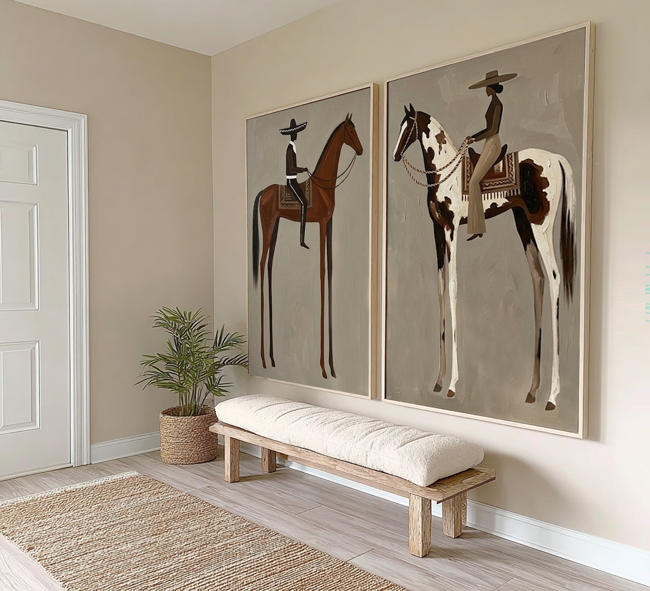 Large Cowboy Cowgirl Wall Art Southwestern Western Horse Oil Painting Diptych