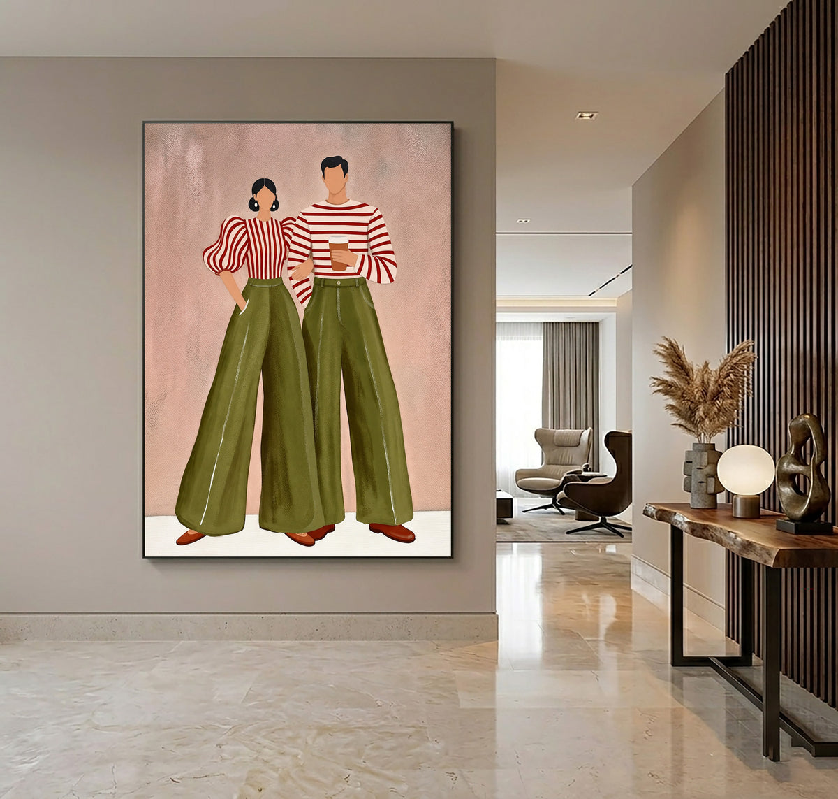 Contemporary Fashion Couple Painting Green Pants Striped Tops Wall Art
