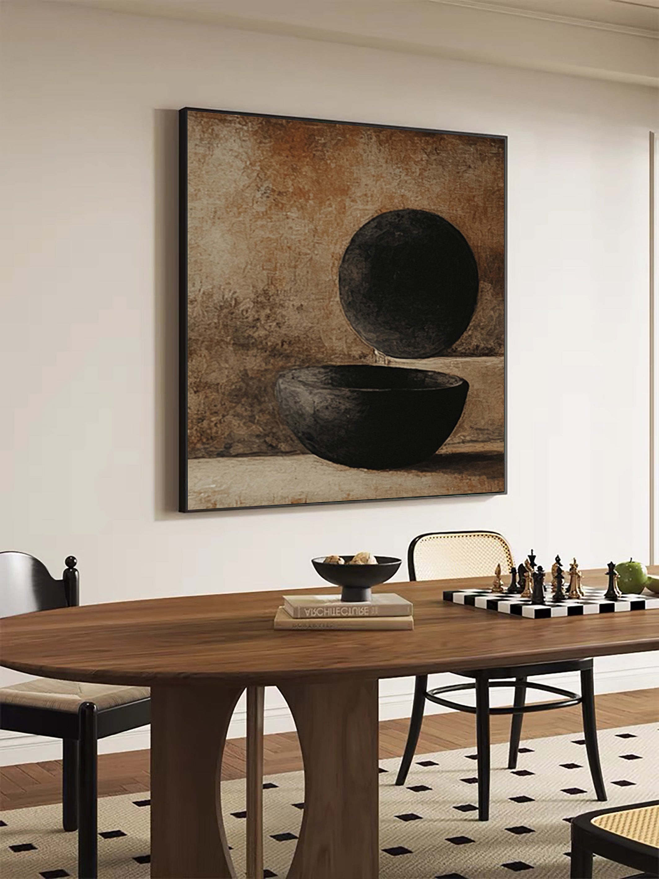 Minimalist Art with Dark Geometric Forms on Textured Canvas #BGA 193