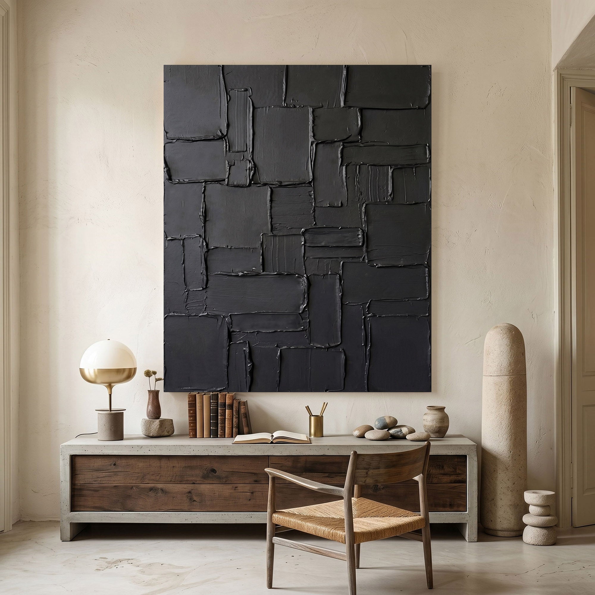 Large Black Textured Wall Art Abstract Oil Painting Modern Impasto Minimalist Contemporary Luxury Decor