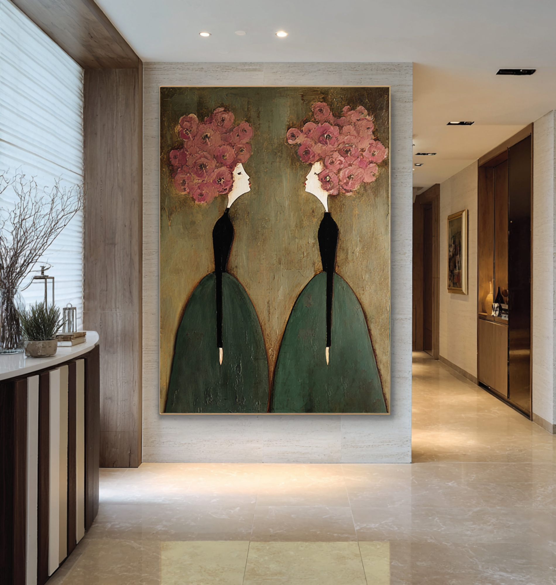 Large Floral Figurative Wall Art Elegant Women Canvas Painting