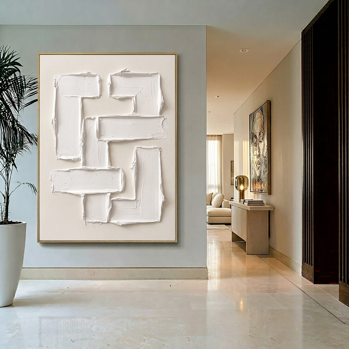 Large Modern Geometric Impasto Relief Wall Art Ivory Cream Abstract Oil Painting Thick Textured Rectangles Sculptural Minimalist Contemporary Living Room Decor