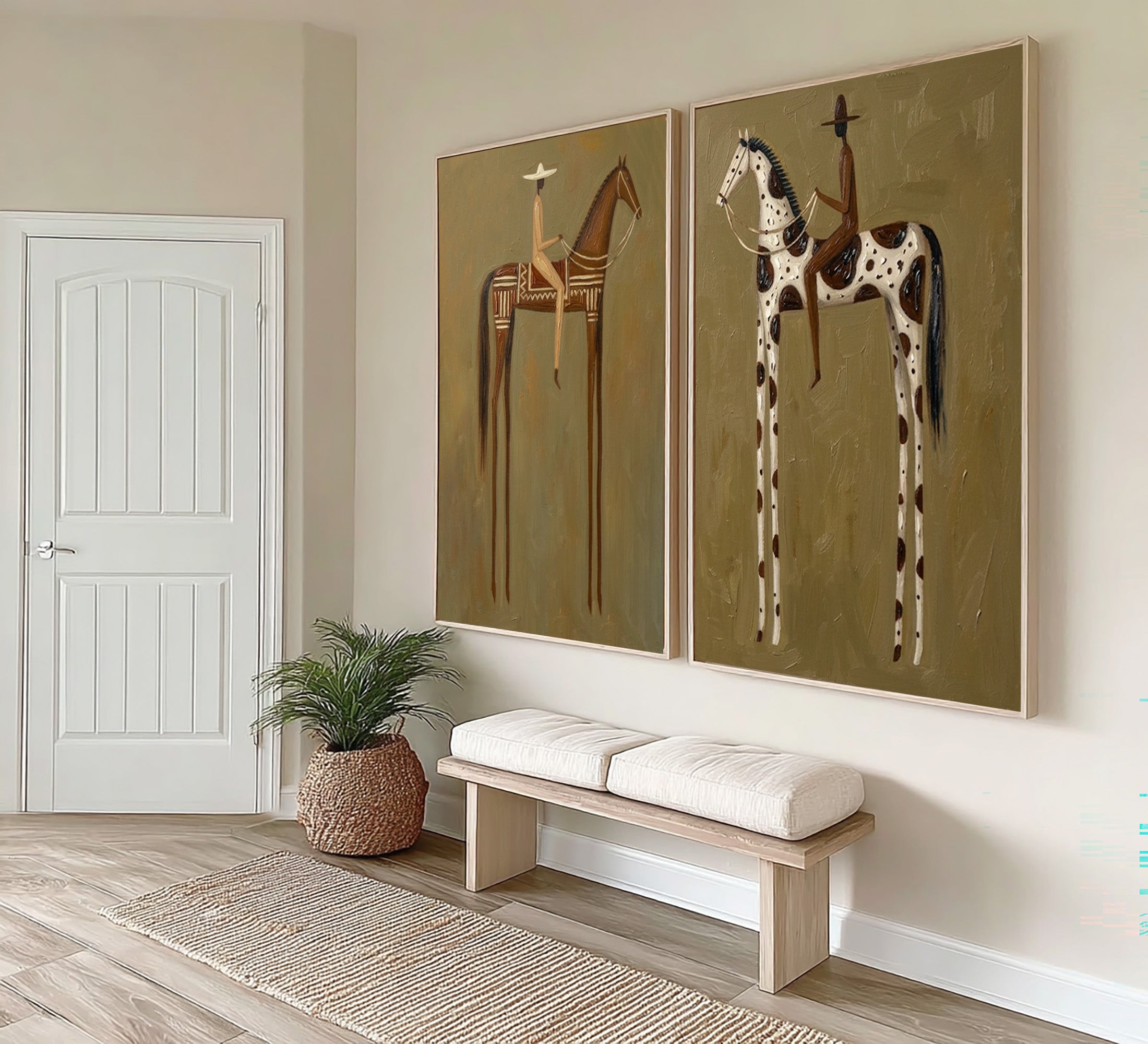 Large Cowboy Cowgirl Wall Art Western Ranch Horse Oil Painting Diptych