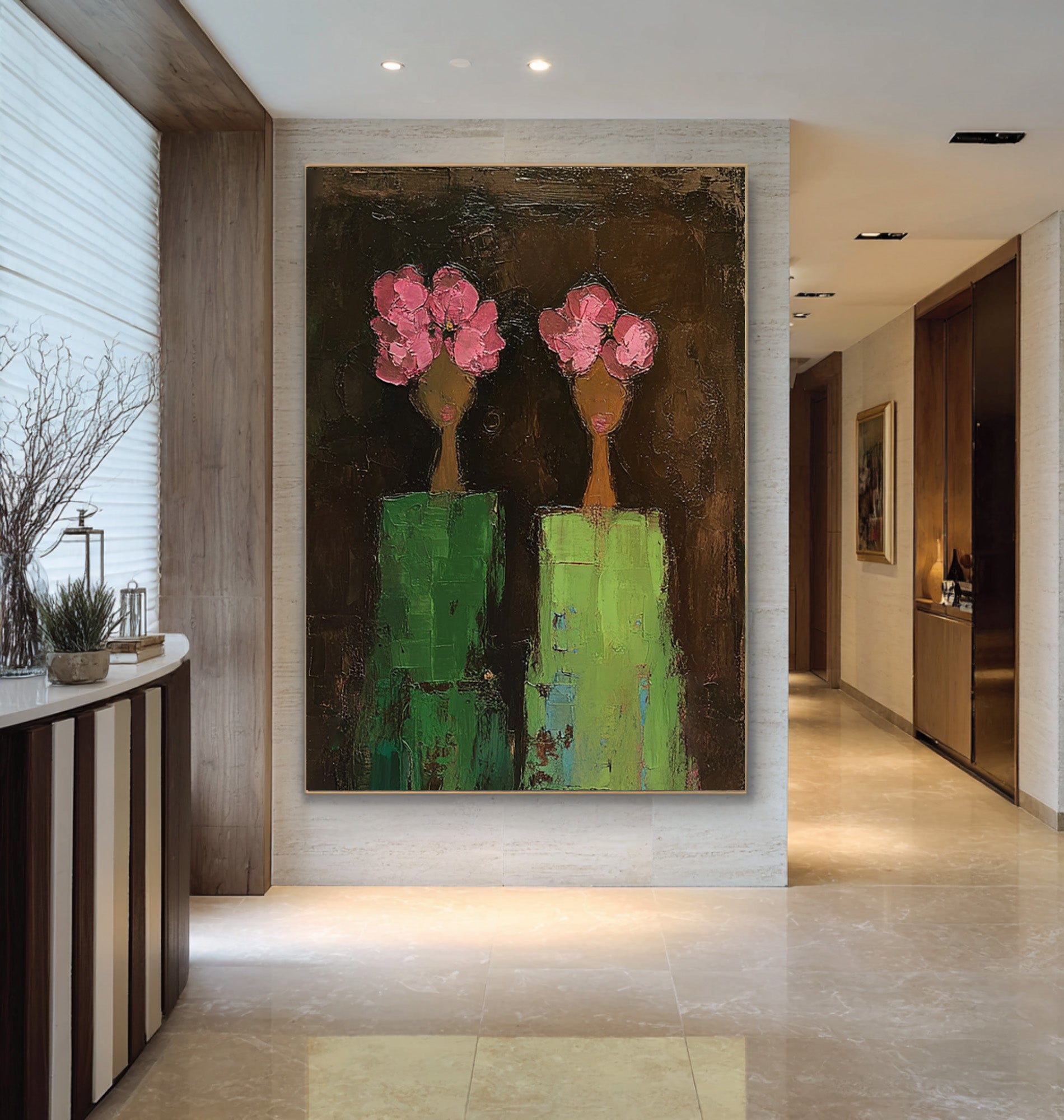 Large Modern Figurative Oil Painting on Canvas – Elegant Pink Floral Portrait Wall Art #WAB 039