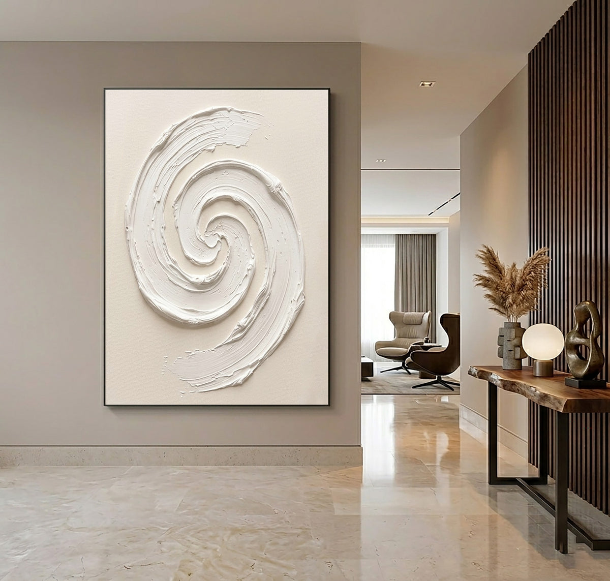 Whirlpool Inspired Minimalist Textured Wall Artwork Handmade White Sculptural Abstract Relief Painting