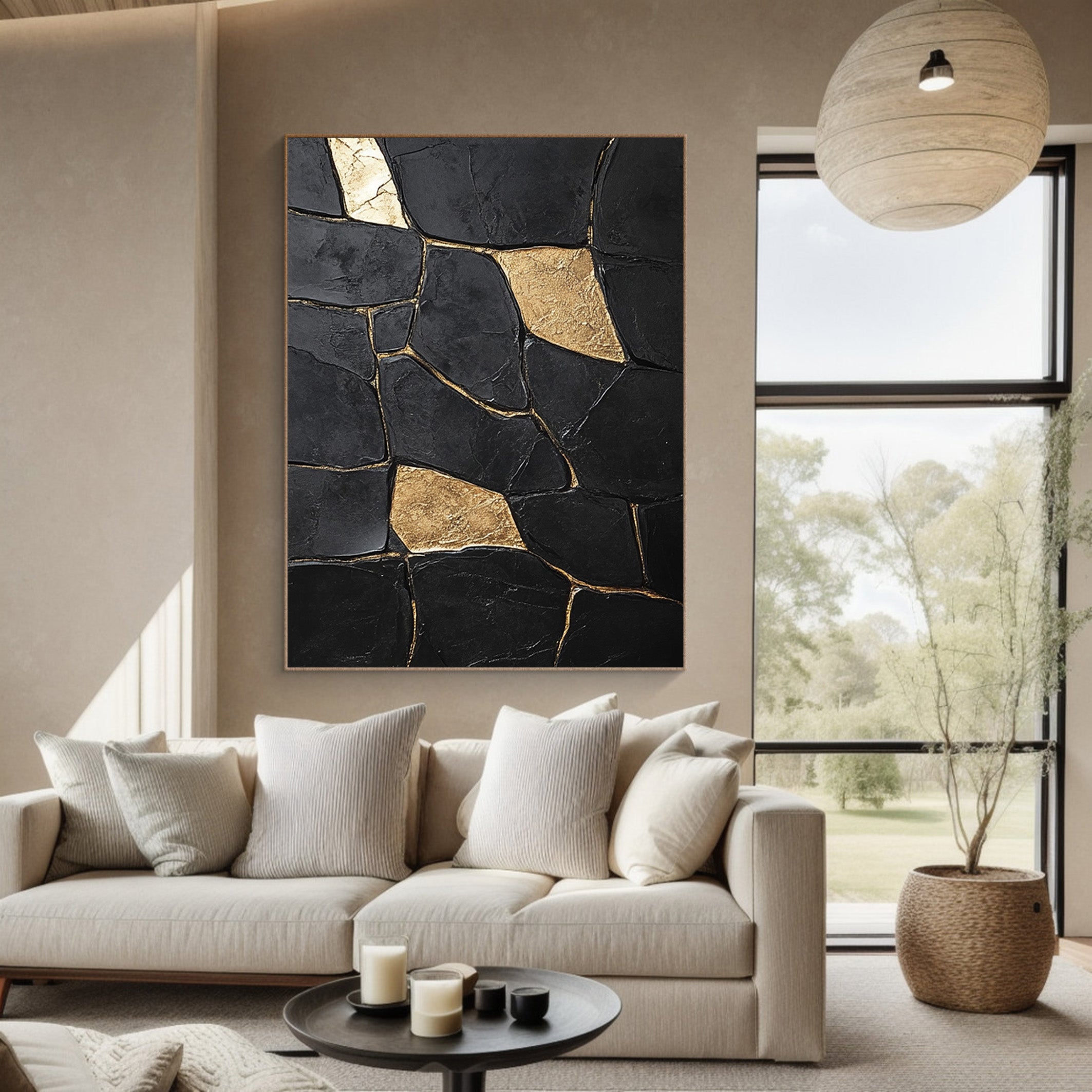 Large Black Impasto Art with Bold Geometric Gold Wall Decor #BGA 188
