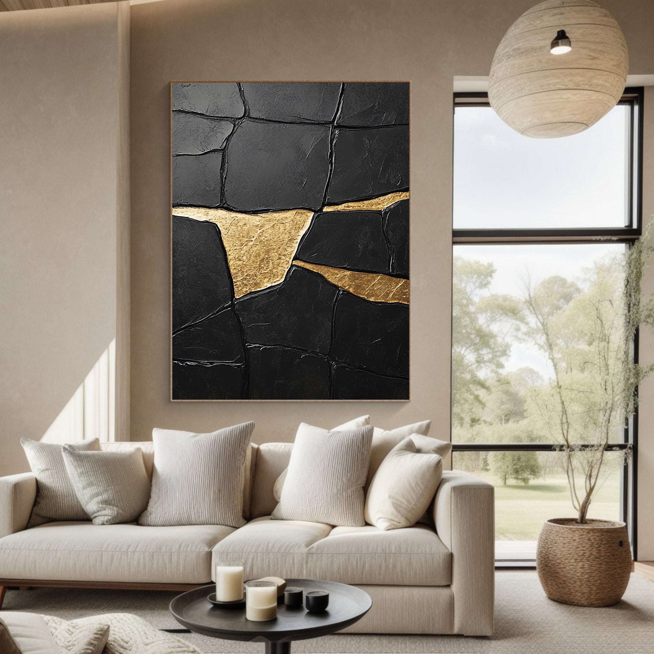 Textured Black Abstract with Irregular Gold Veins, Modern Art #BGA 185