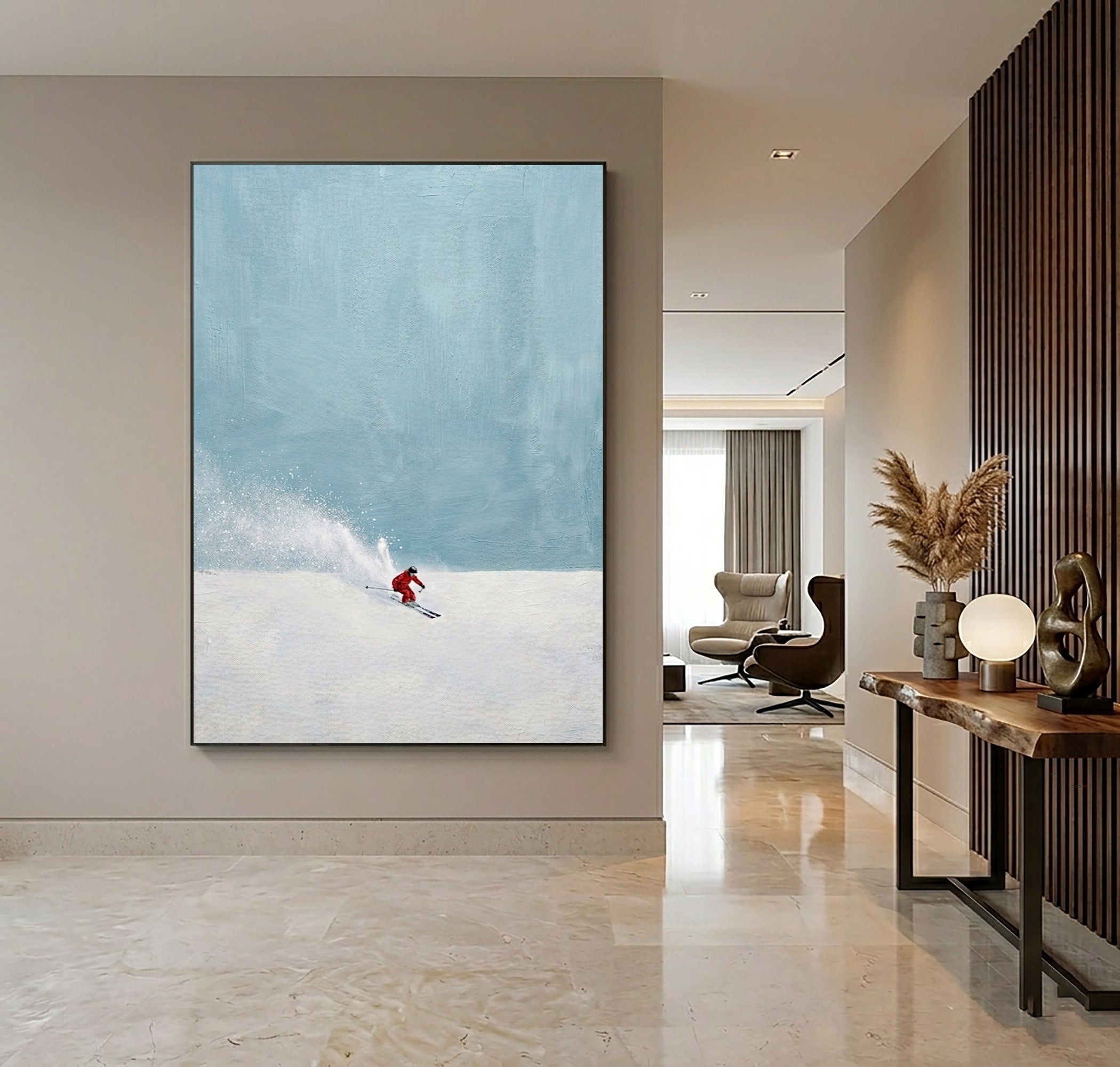 Large Minimalist Ski Wall Art Contemporary Winter Landscape Oil Painting