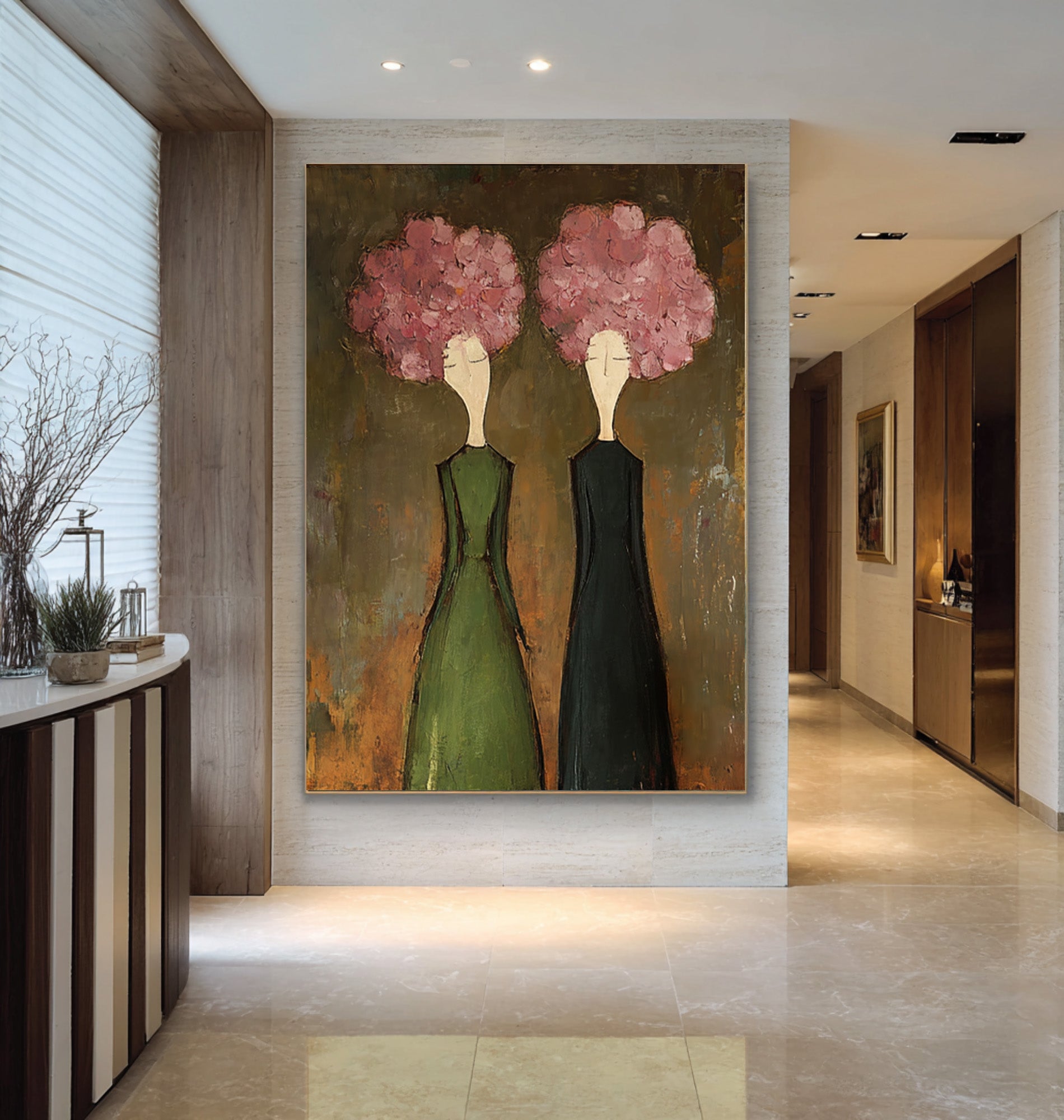 Large Modern Floral Portrait Oil Painting on Canvas – Elegant Green Dress Wall Art #WAB 042