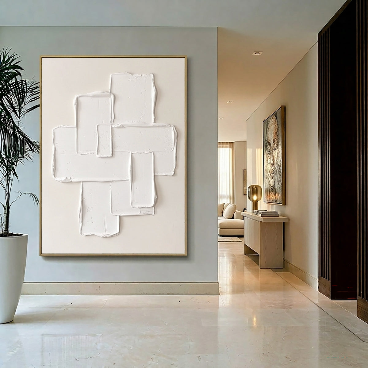 Large Cream Modernist Composition Textured Wall Art Ivory Neutral Abstract Oil Painting Raised Geometric Shapes Sculptural Impasto Minimalist Contemporary Luxury Decor