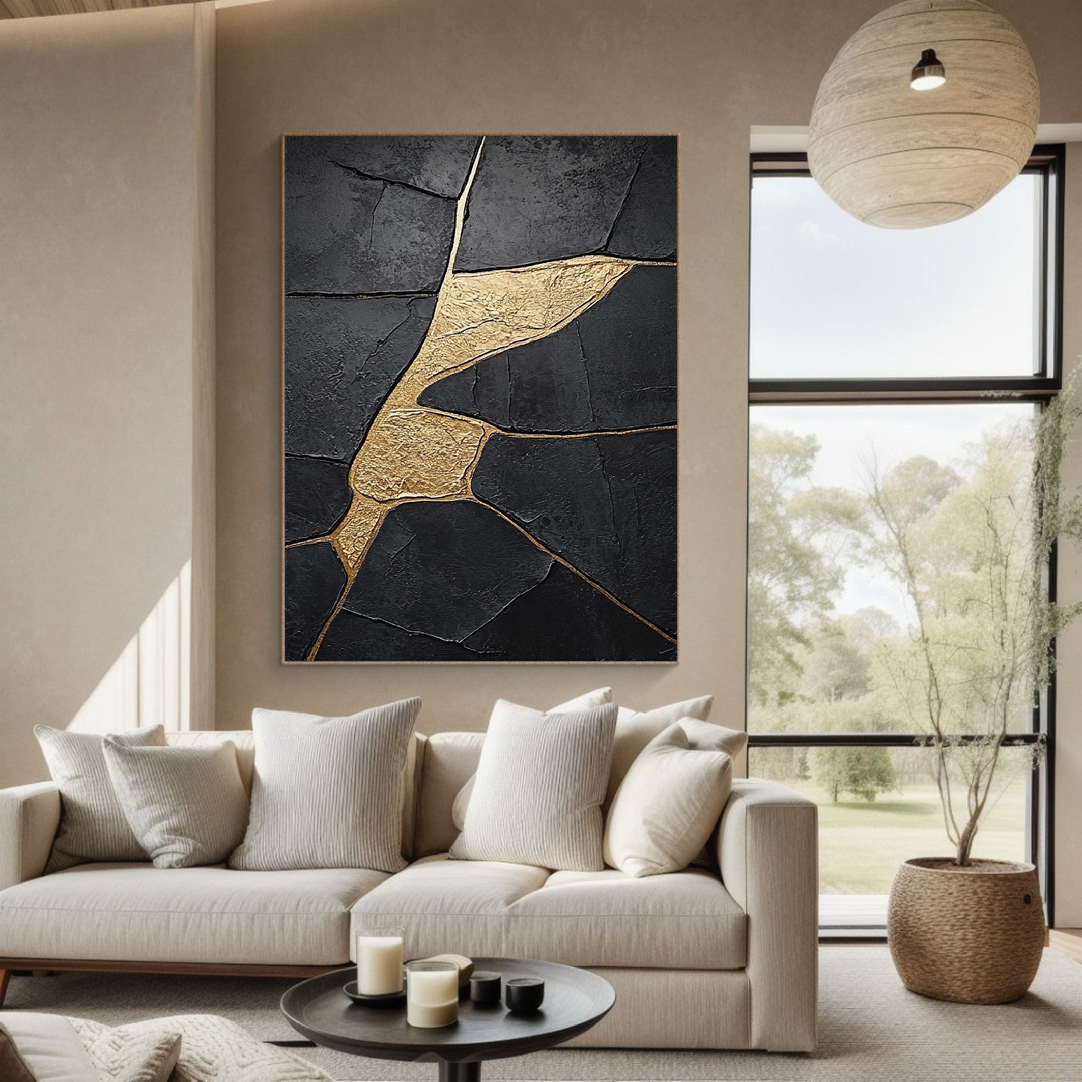 Modern Abstract Canvas with Textured Black and Gold Shapes #BGA 190