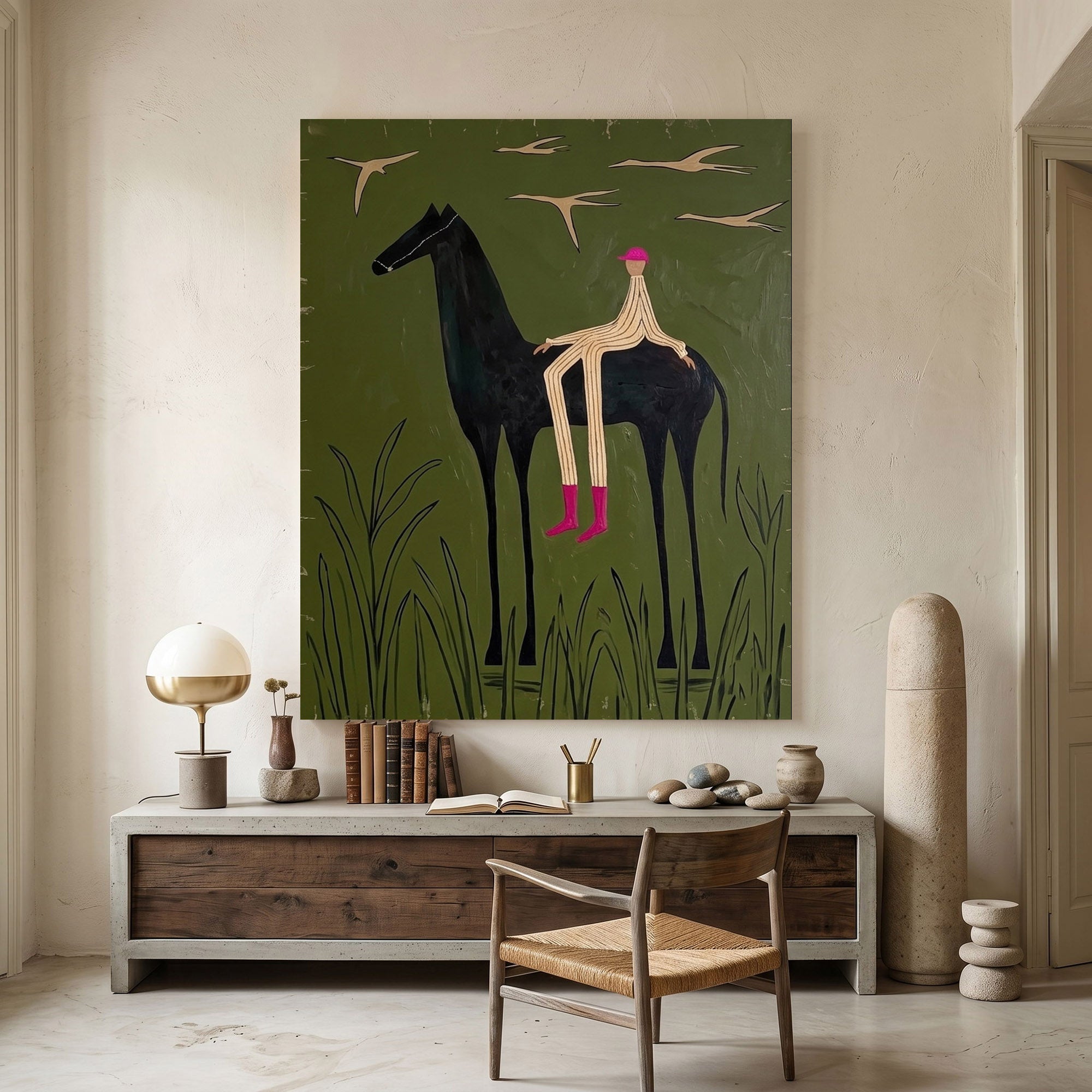Large Cowboy Horse Wall Art Contemporary Western Green Painting