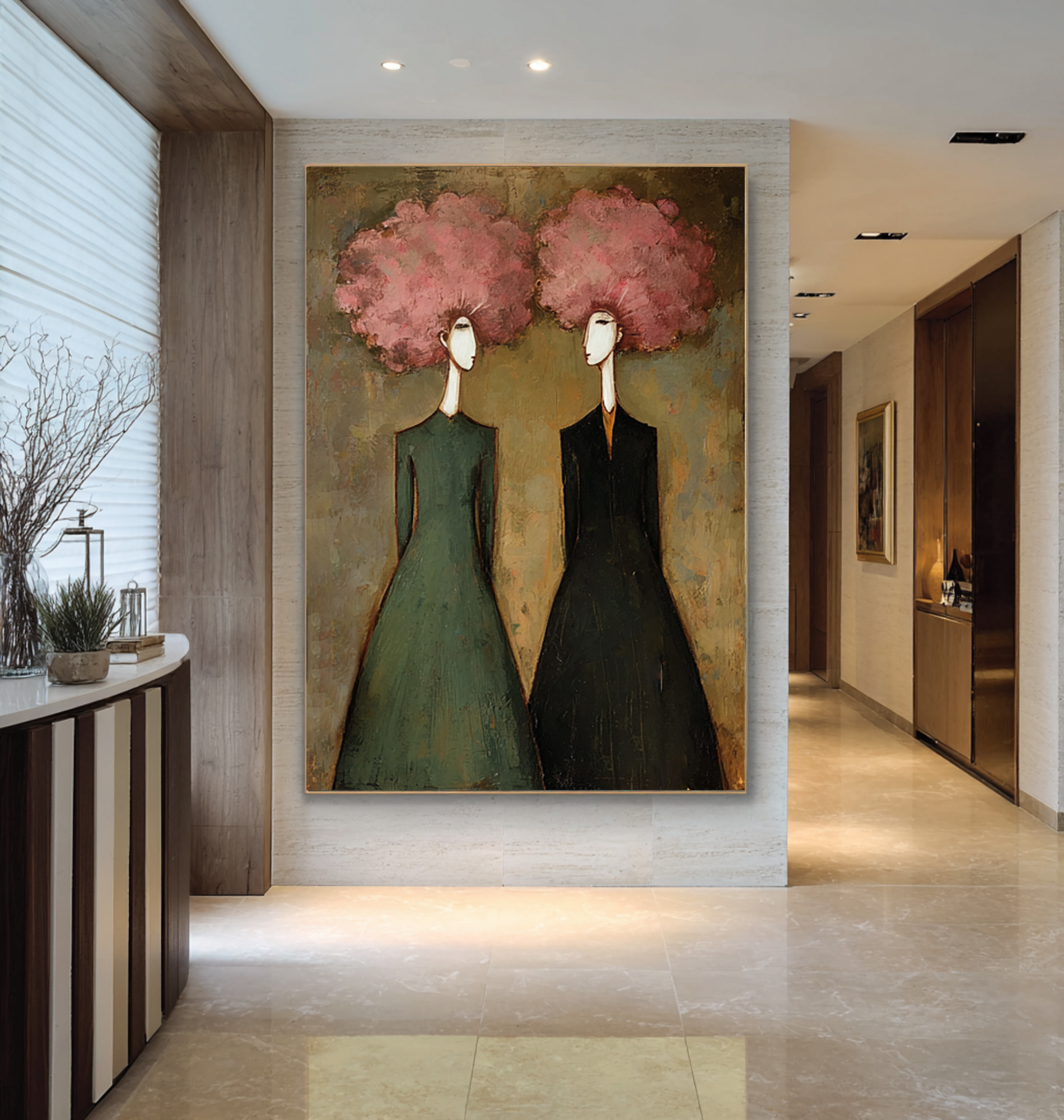 Large Abstract Pink Portrait Oil Painting – Modern Green and Black Wall Decor #WAB 044
