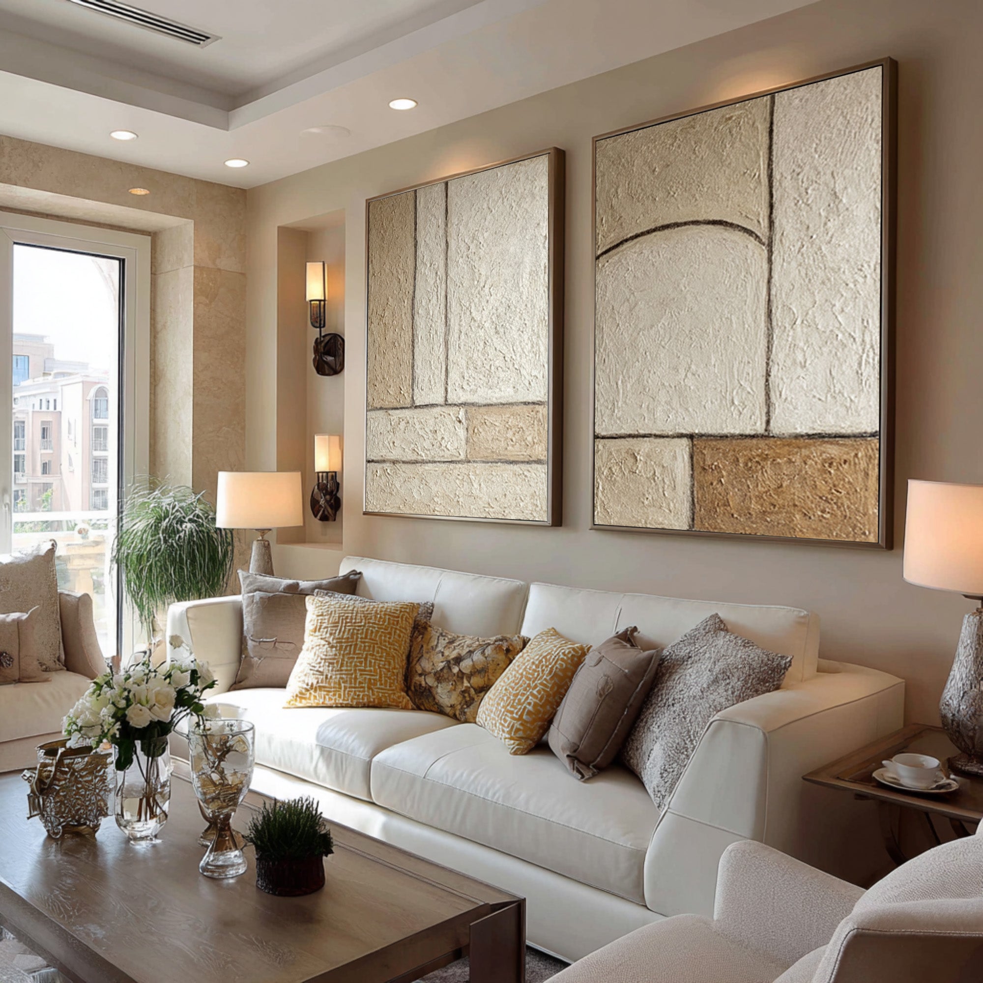 Large Neutral Abstract Wall Art Set of 2 #WAB 002