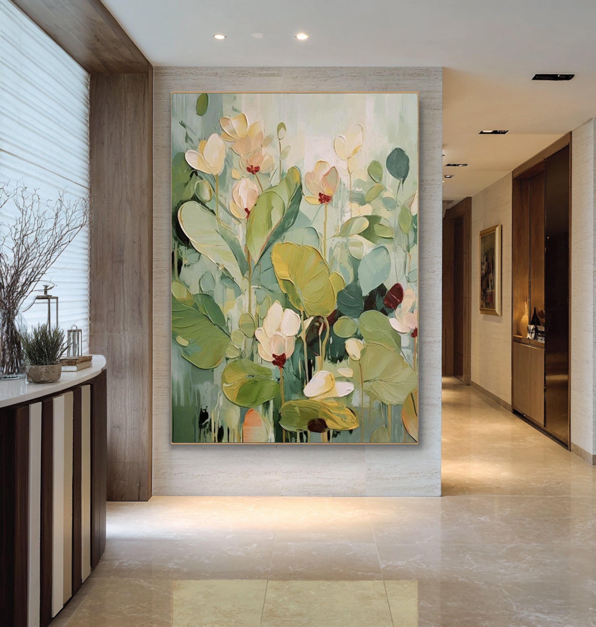 Large Botanical Floral Painting Modern Green Wall Art