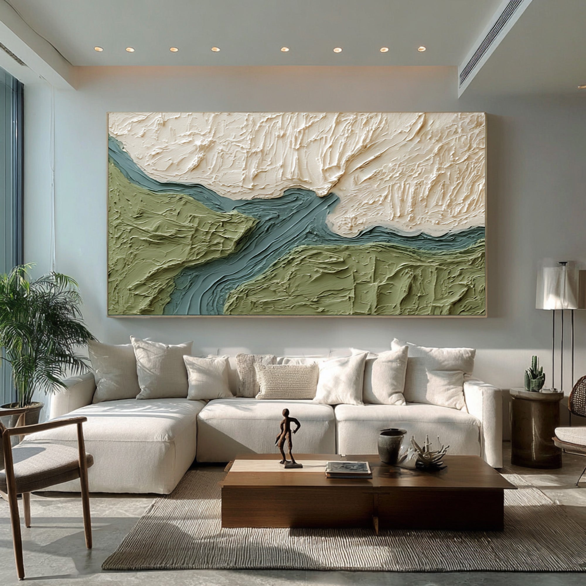 Large Abstract Oil Painting Green Landscape Art, Textured Modern Wall Art for Living Room | ArtvistaGallery #WAB 025
