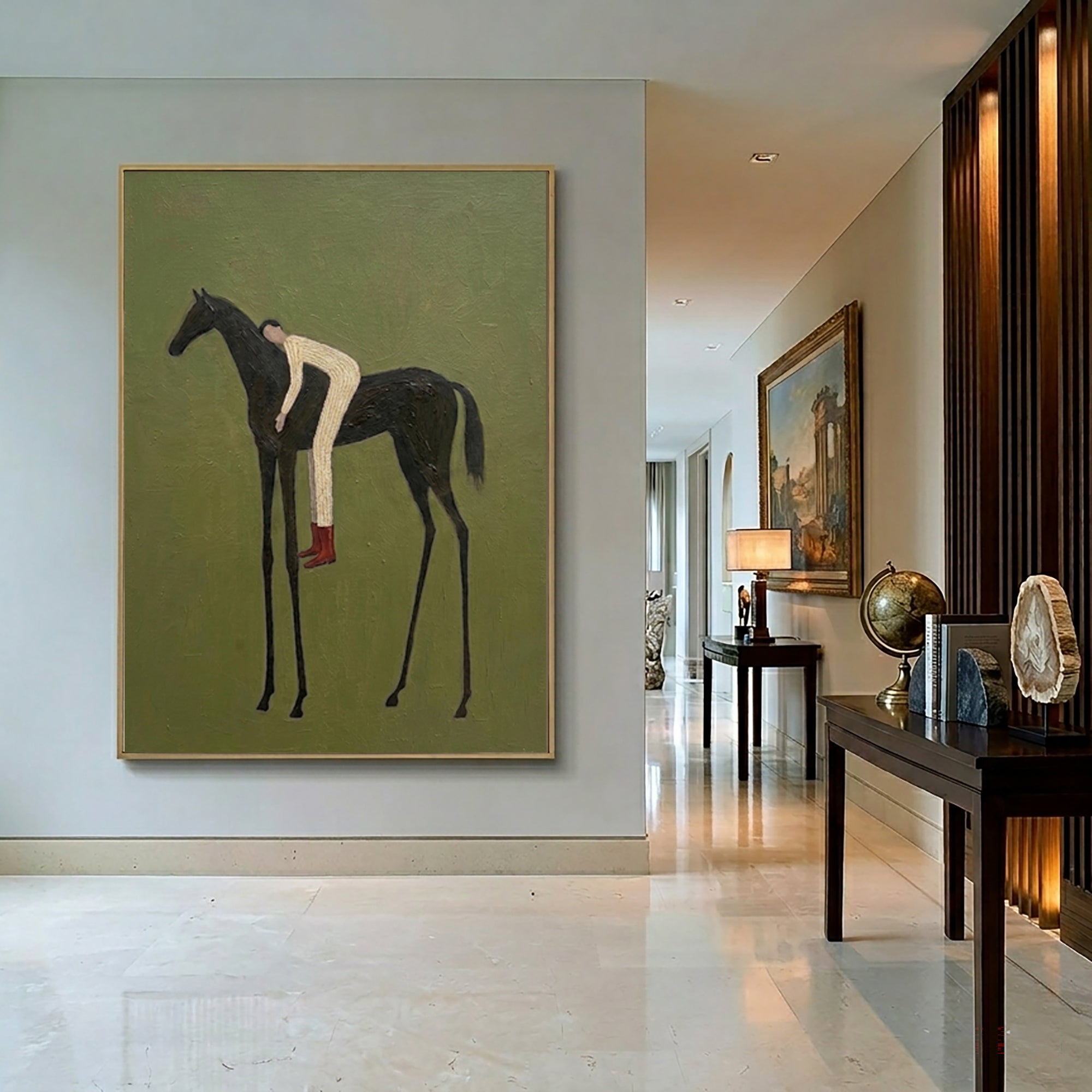 Large Olive Green Equestrian Wall Art Horse Rider Oil Painting Cowboy Cowgirl Inspired Western Americana Artwork Modern Home Decor