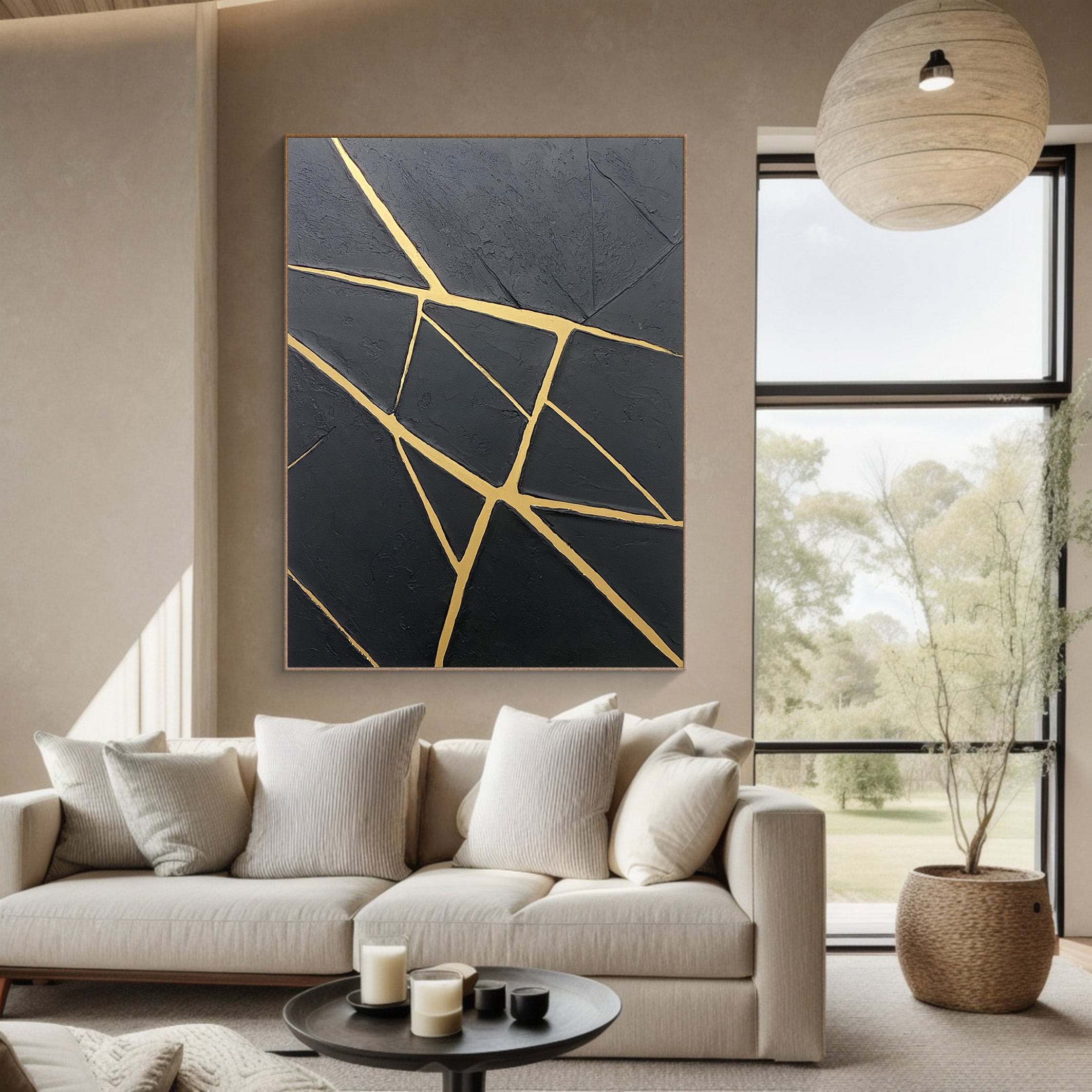 Modern Canvas with Textured Black and Geometric Gold Veins #BGA 195