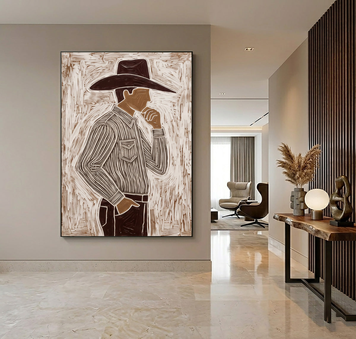 The Man Beneath the Brim Western Cowboy Painting Contemporary Figurative Hand Painted Wall Art