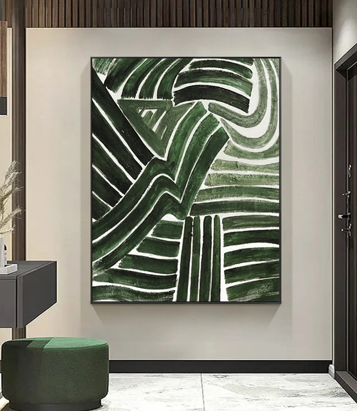 Bold Green Line Modern Abstract Painting, Minimalist Decor #BGA 097