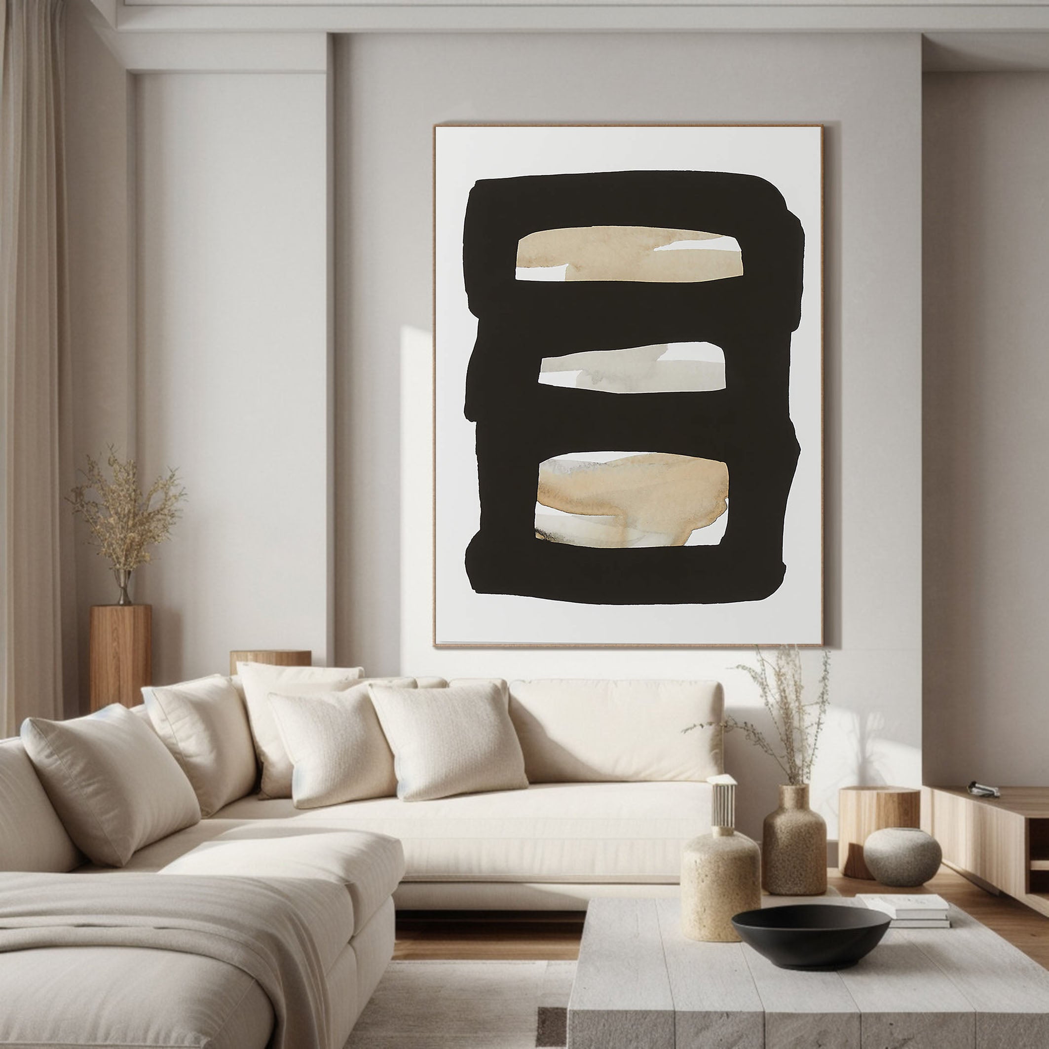 Black Frame with Beige and White Bands, Contemporary Canvas #BGA 050