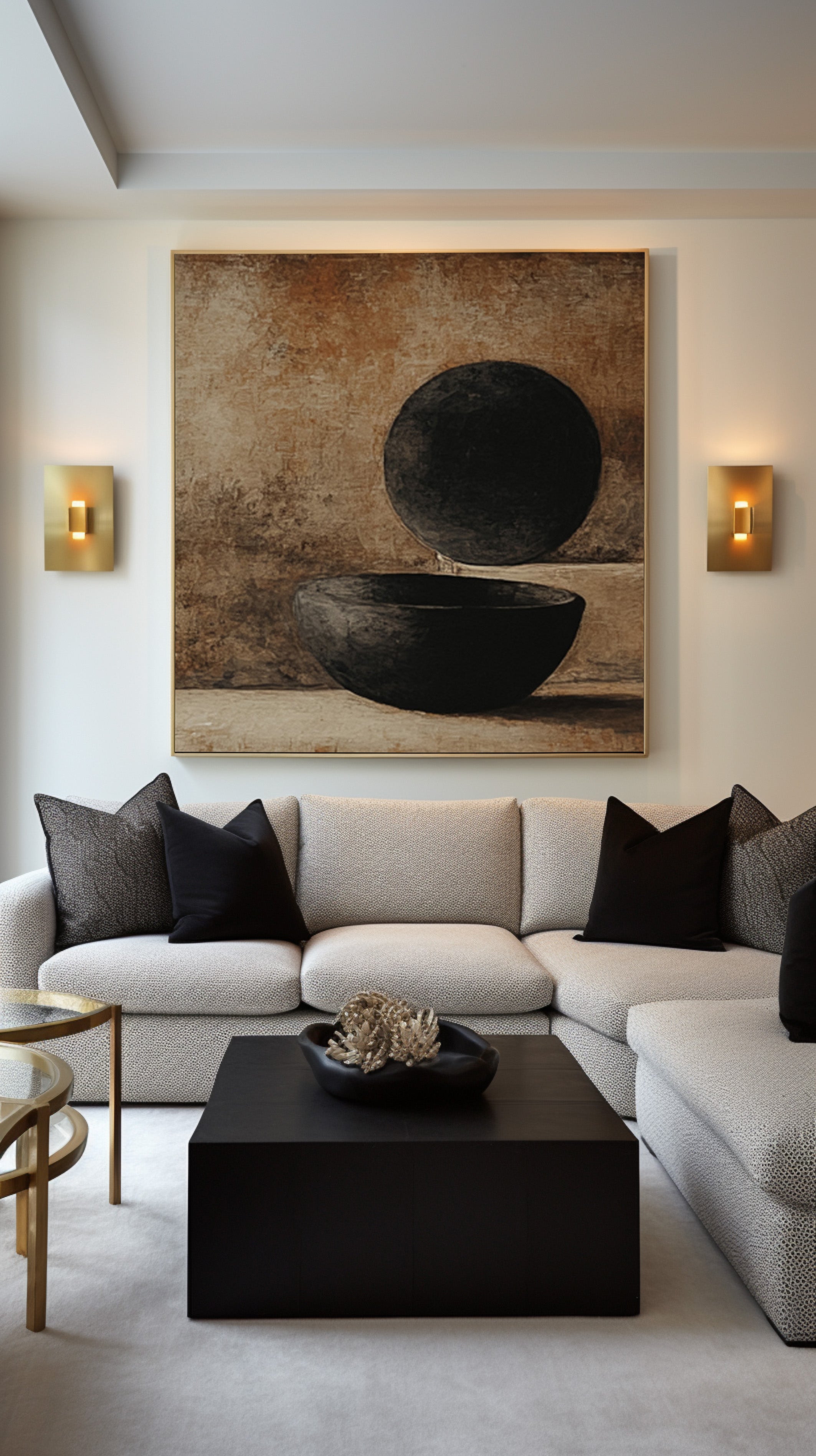 Minimalist Art with Dark Geometric Forms on Textured Canvas #BGA 193