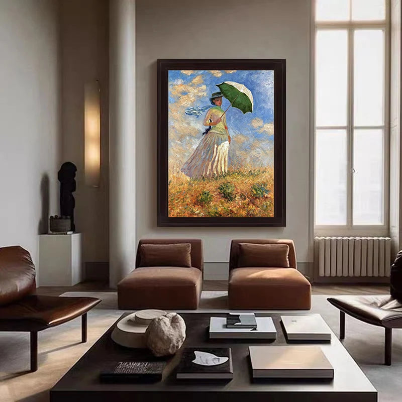 Afternoon Light Across The Meadow Impressionist Painting Woman Parasol Landscape Wall Art