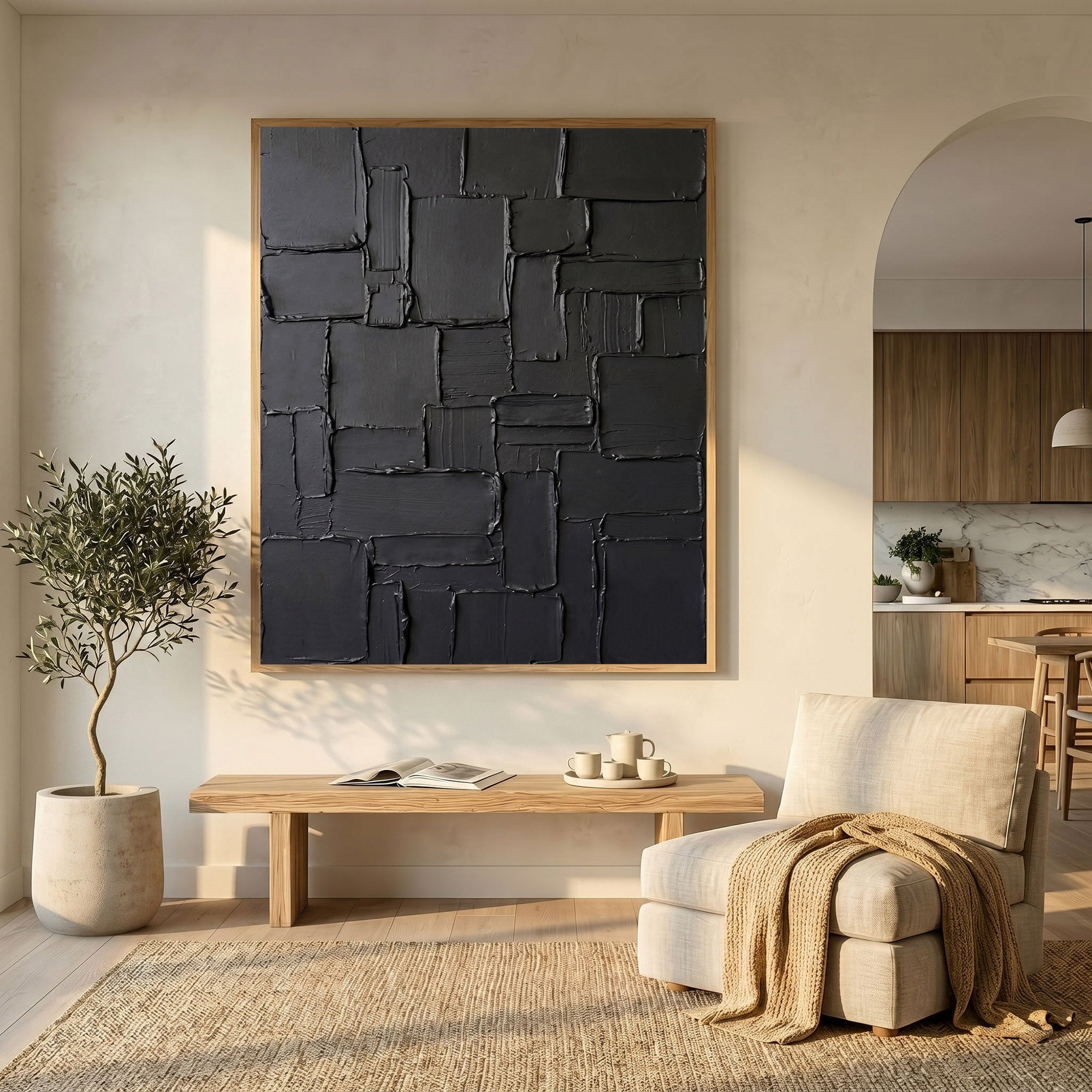 Large Black Textured Wall Art Abstract Oil Painting Modern Impasto Minimalist Contemporary Luxury Decor