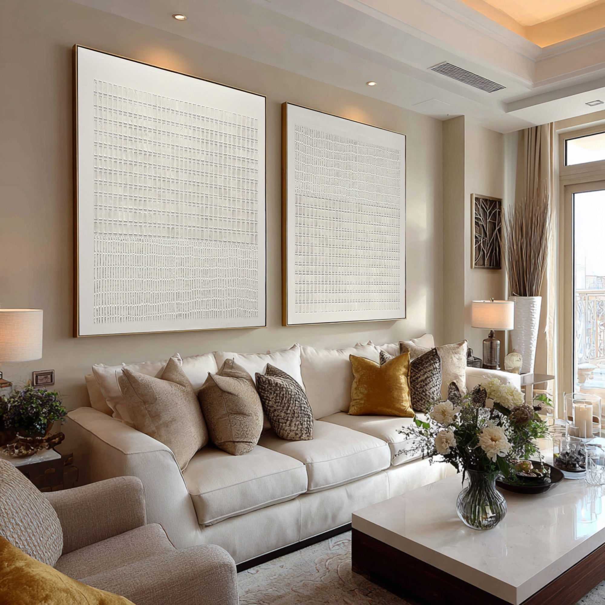 Large Abstract Oil Painting Beige Textured Grid Art Set, Minimal Wall Art for Living Room | ArtvistaGallery #WAB 019