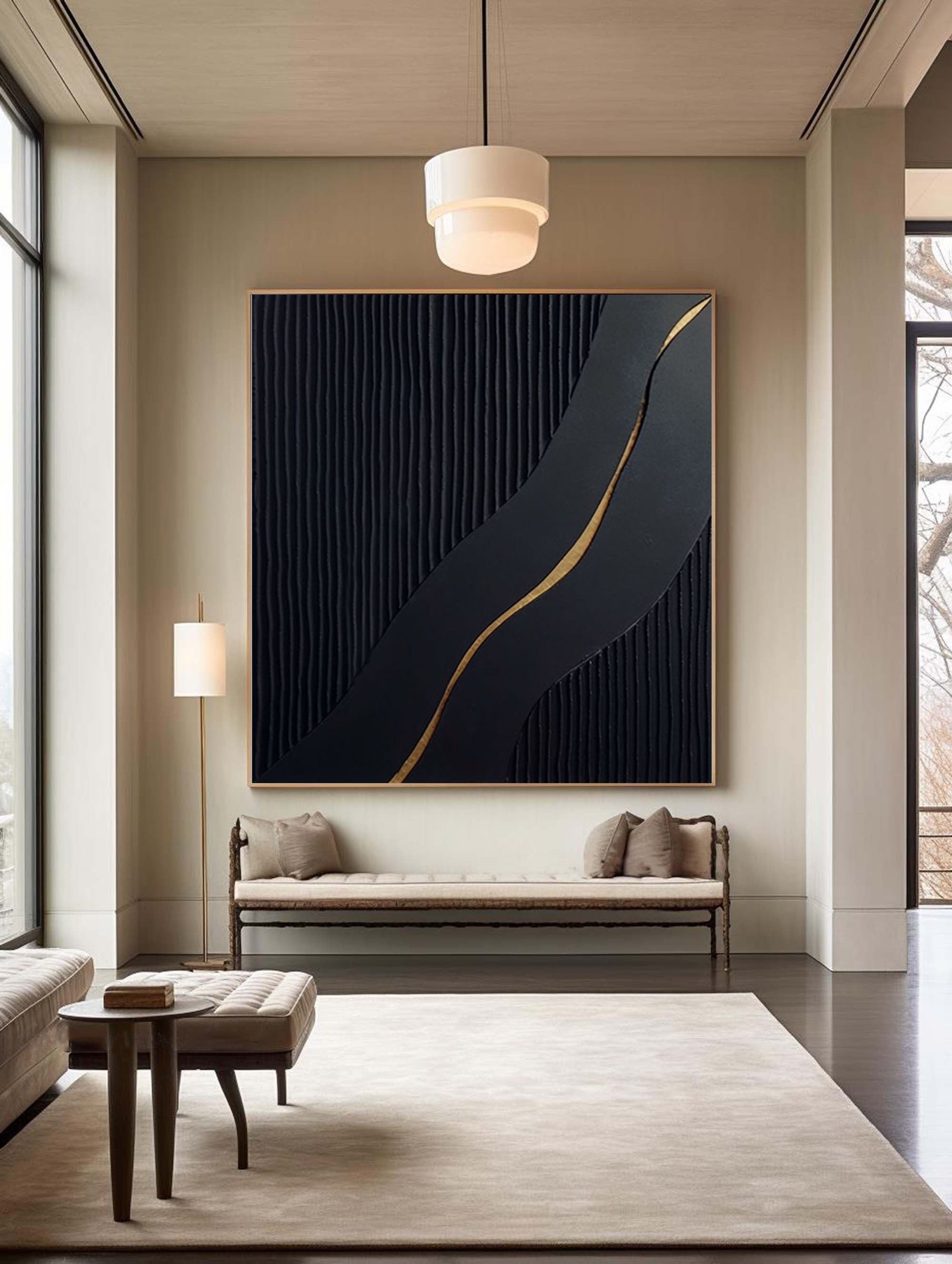 Black Modern Oil Painting Elegant Decor for Contemporary Interiors #BM 019
