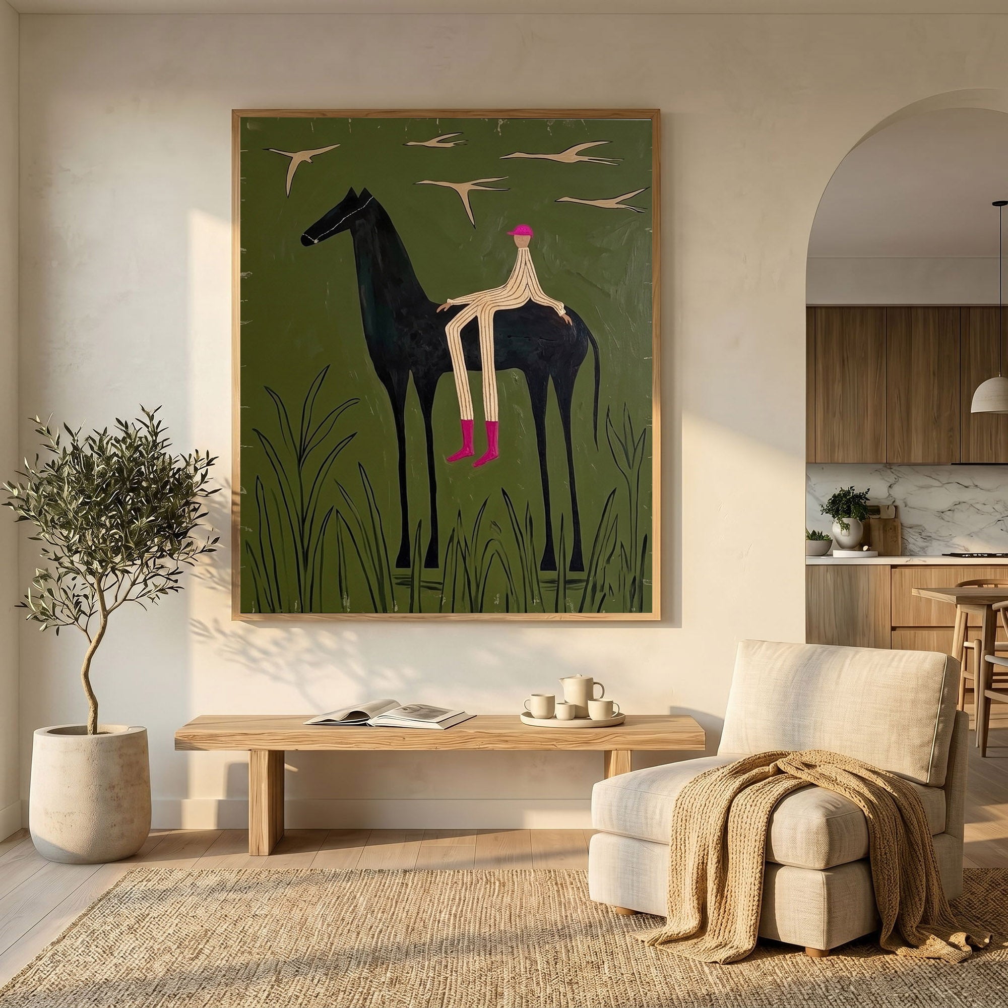 Large Cowboy Horse Wall Art Contemporary Western Green Painting