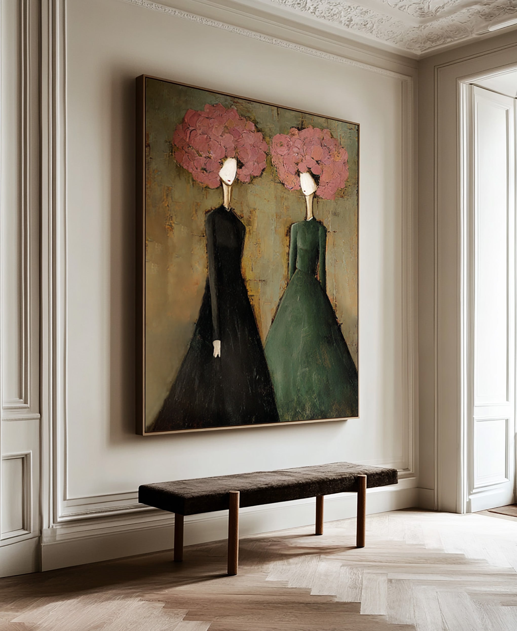 Large Modern Portrait Oil Painting on Canvas – Elegant Green Figurative Wall Art Decor #WAB 037