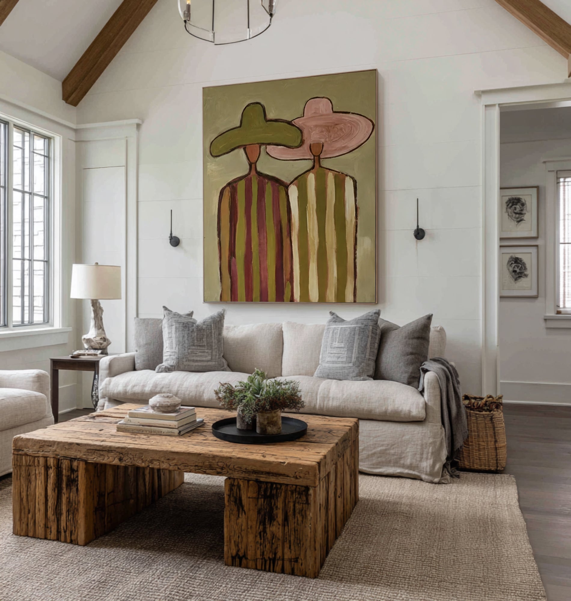 Contemporary Boho Couple Painting Elegant Abstract Figure Wall Decor