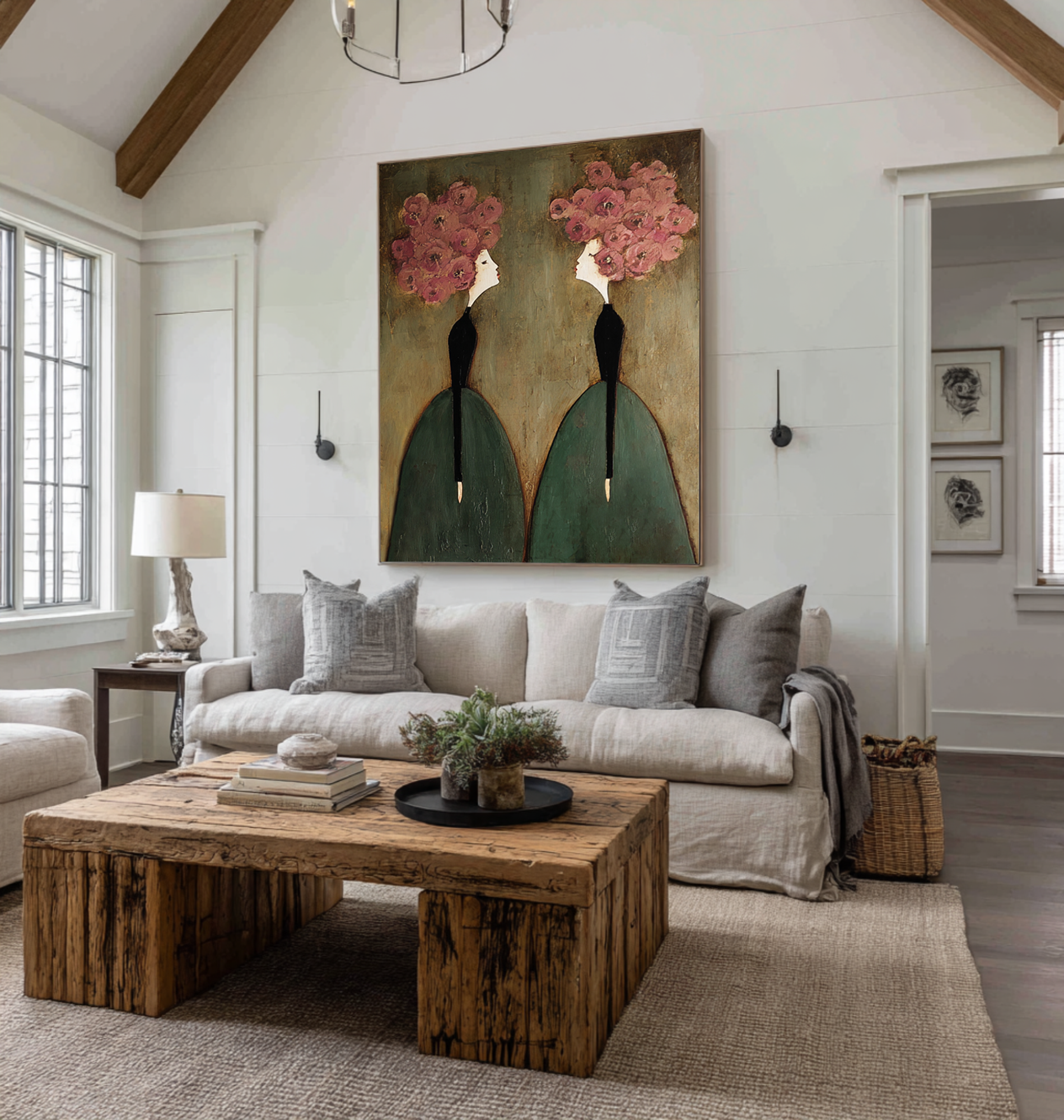 Large Floral Figurative Wall Art Elegant Women Canvas Painting