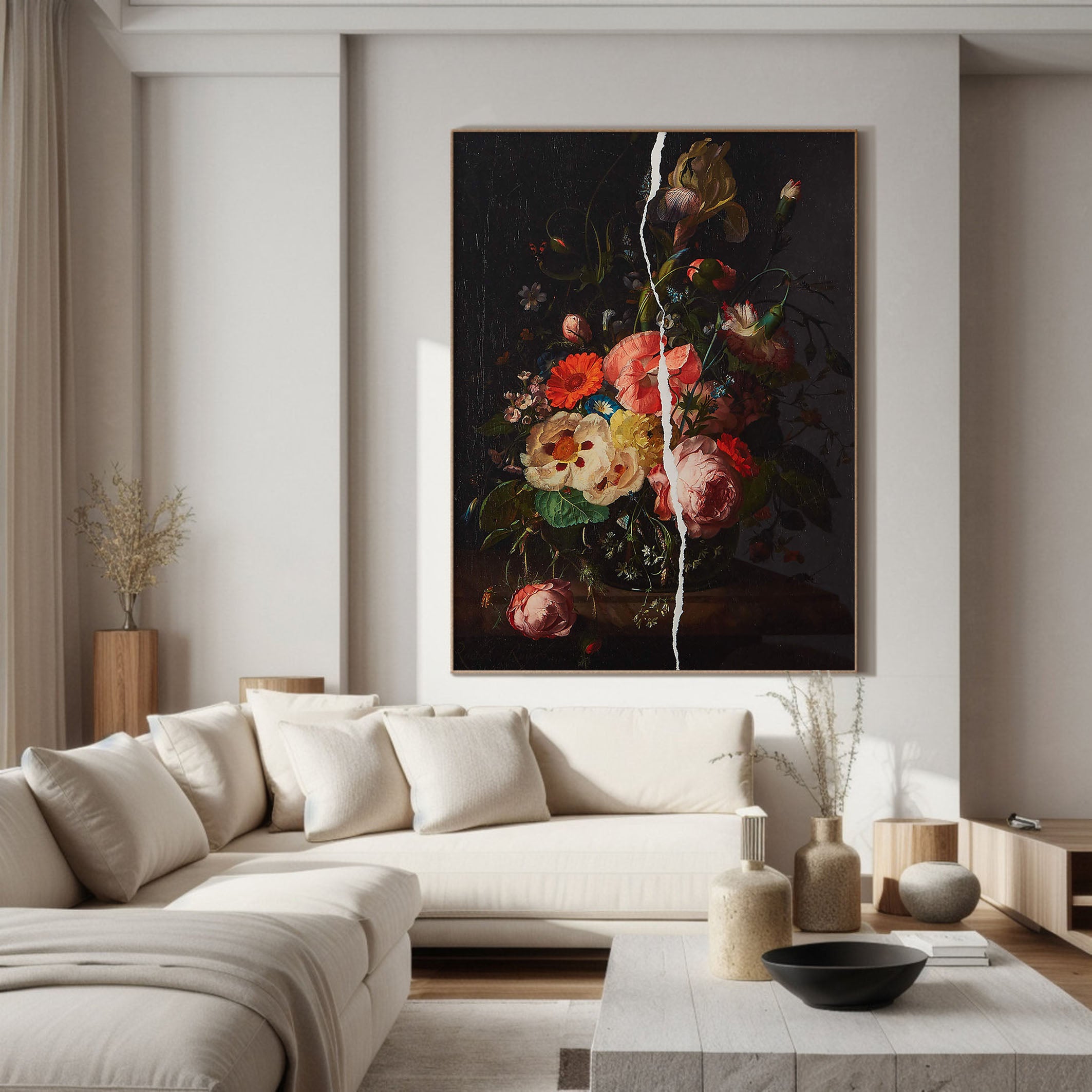 Flowers With White Crack, Large Contemporary Wall Art #BGA 043