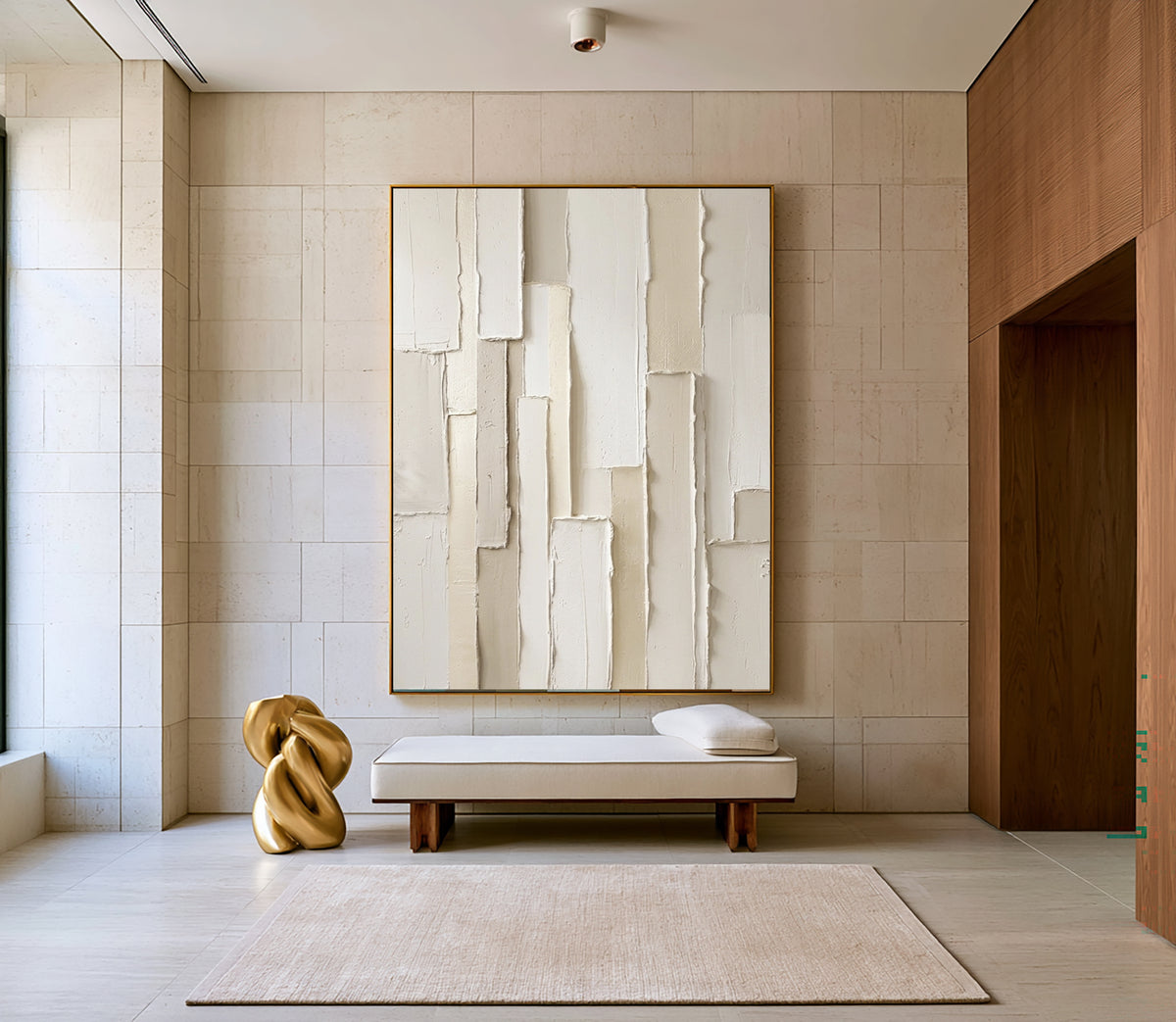 Large Modern Vertical Geometric Textured Wall Art White Beige Abstract Oil Painting 3D Raised Rectangular Relief Contemporary Home Decor