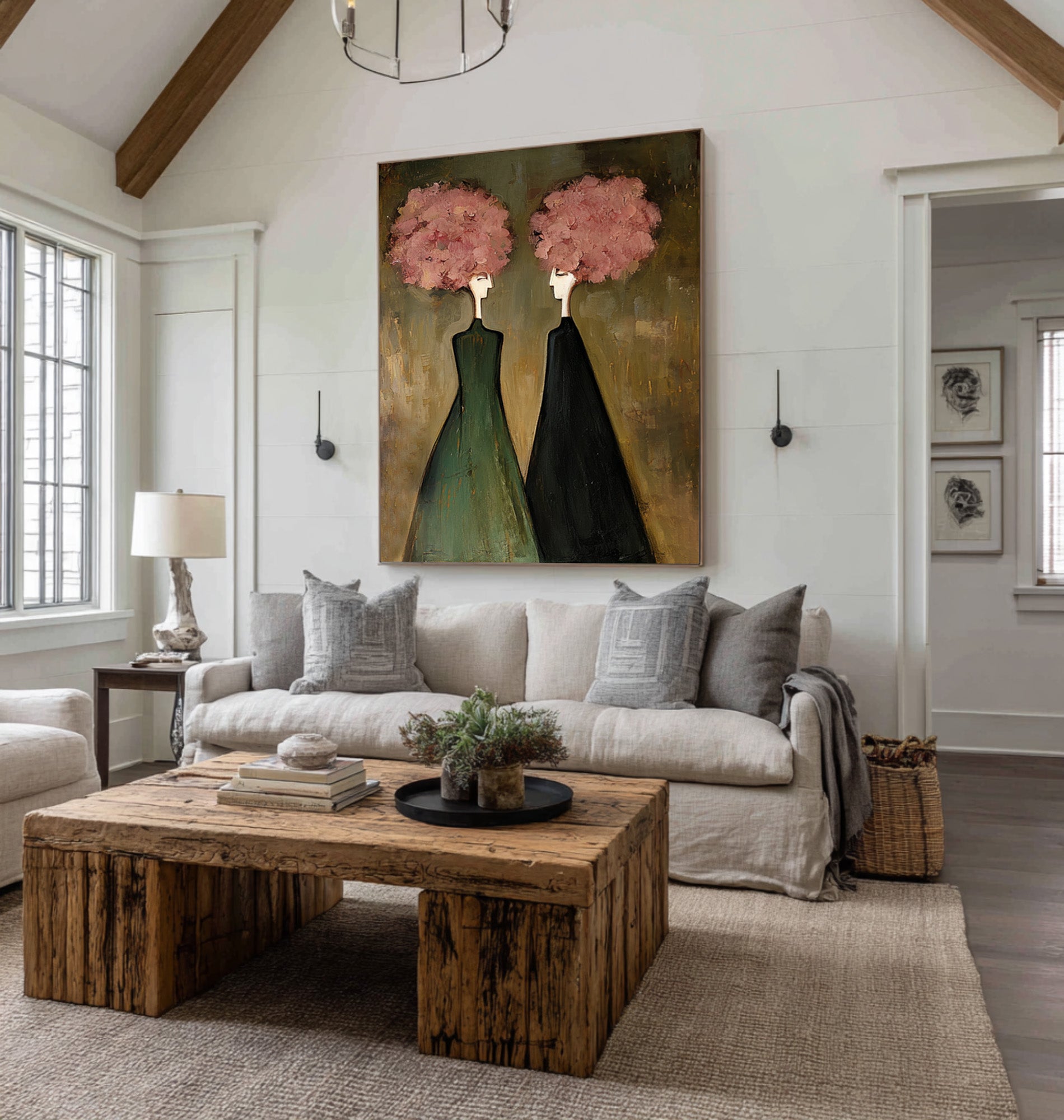 Large Modern Figurative Oil Painting on Canvas – Elegant Pink Portrait Wall Art Decor #WAB 033