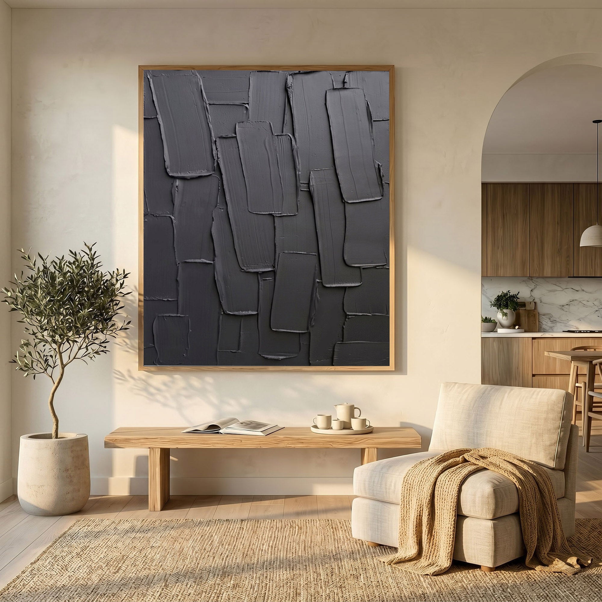 Large Black Textured Wall Art Modern Abstract Oil Painting Impasto Layered Minimalist Contemporary Decor