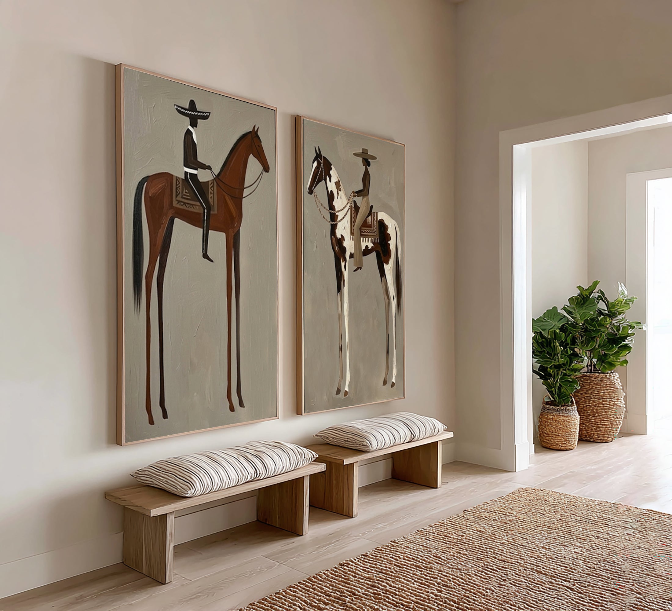 Large Cowboy Cowgirl Wall Art Southwestern Western Horse Oil Painting Diptych