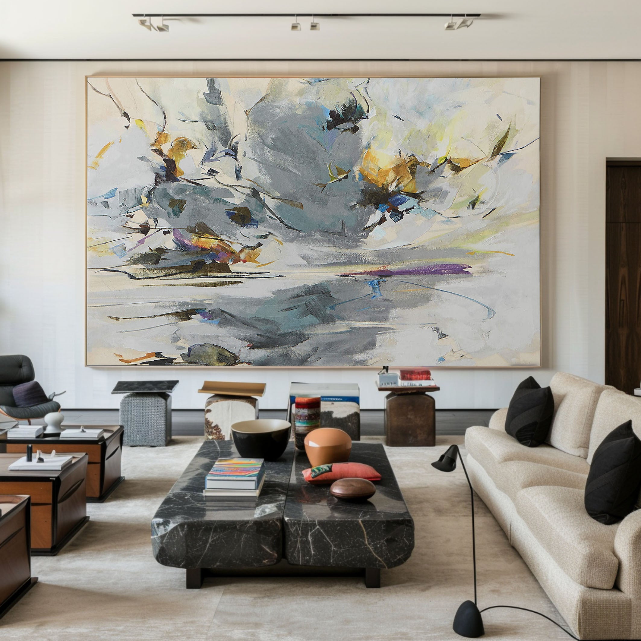 Abstract with Horizontal Lines and Cloudy Forms, Gray Canvas #BGA 054