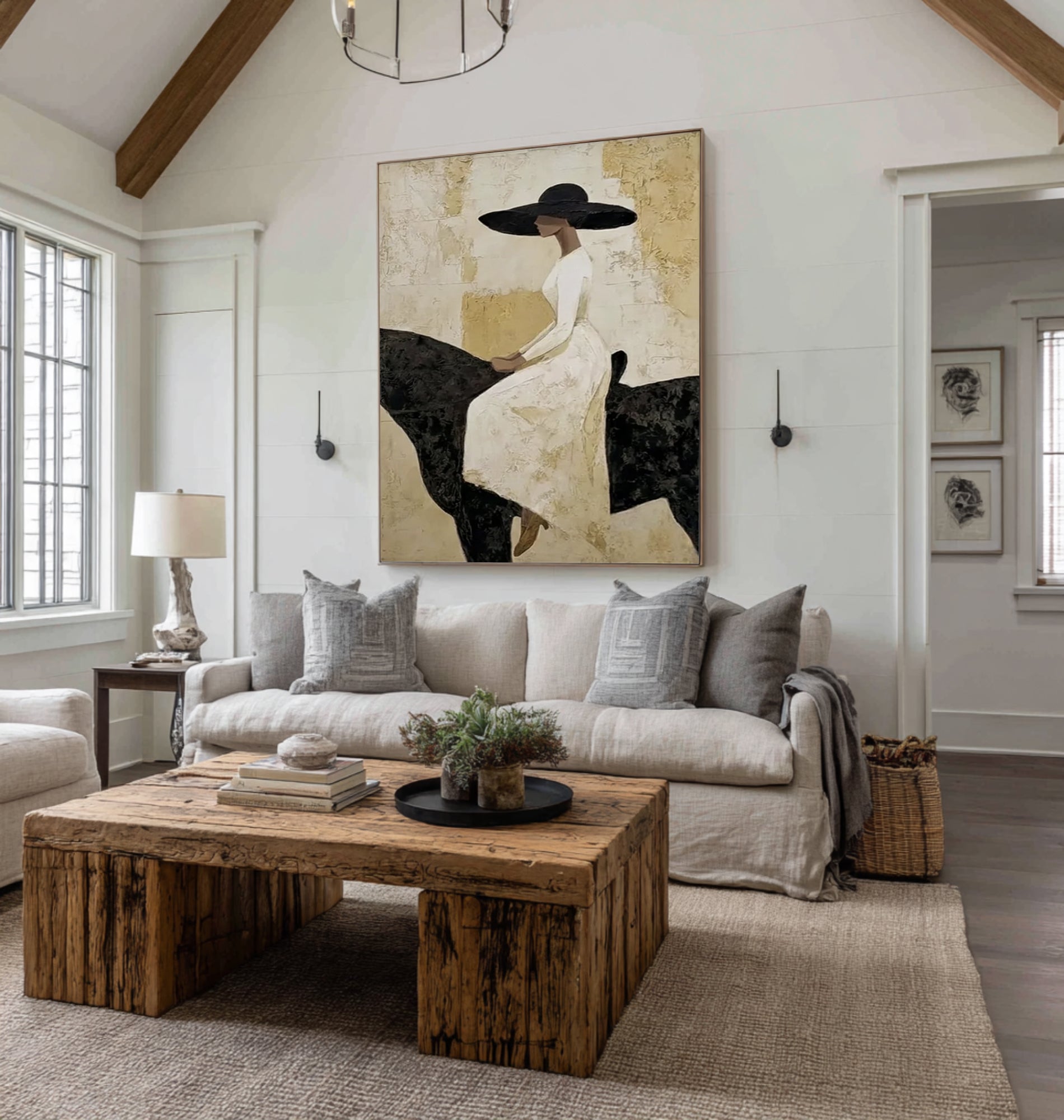 Luxury Woman on Black Horse Painting Elegant Neutral Wall Art