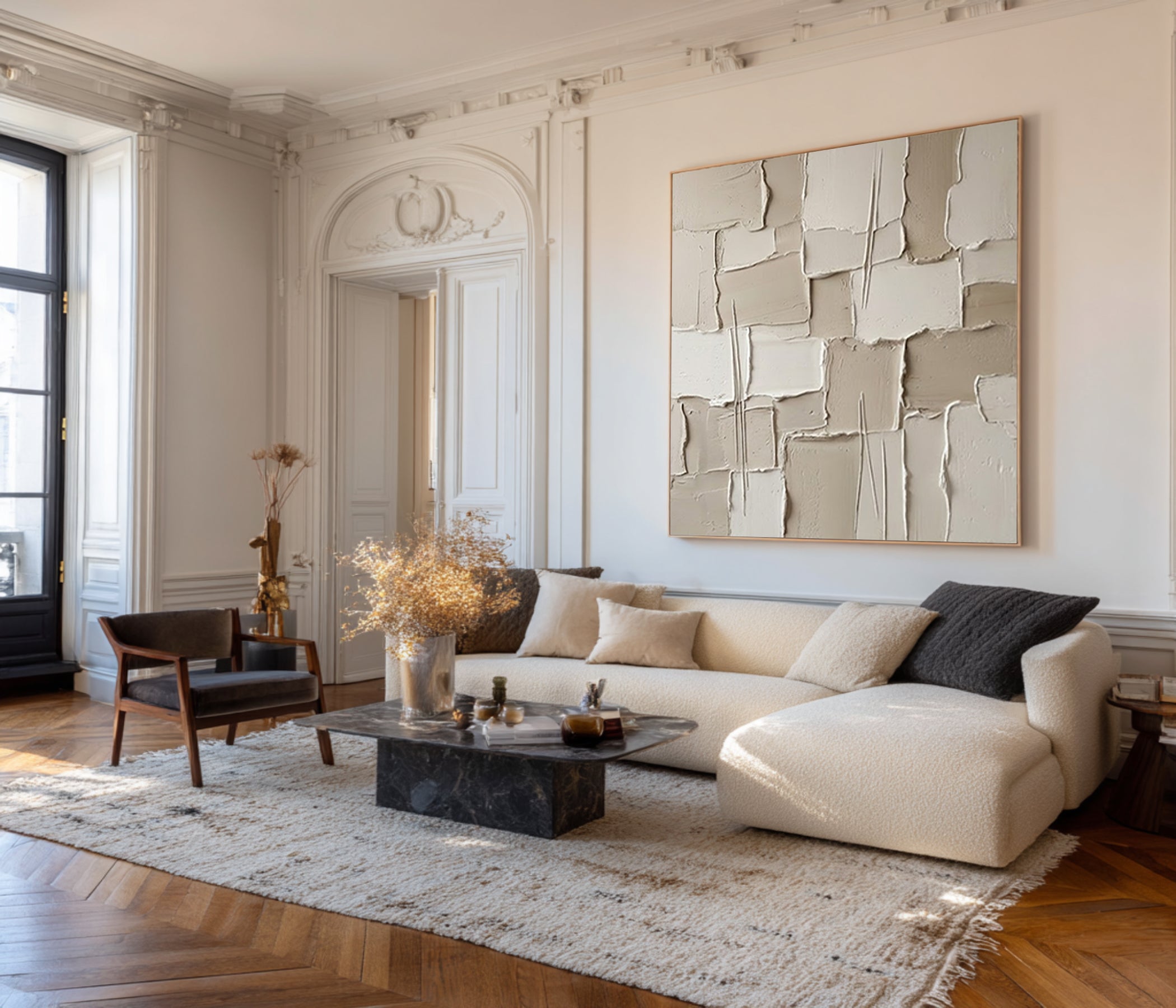 Large Architectural Collage Wall Art Neutral Textured Relief Painting