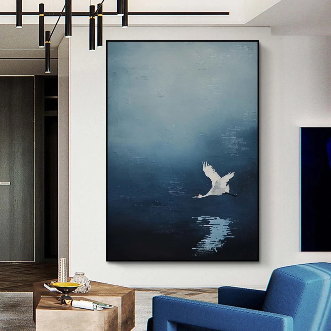 Serene Blue and White Crane Canvas, Minimalist Bird Wall Art #BGA 095